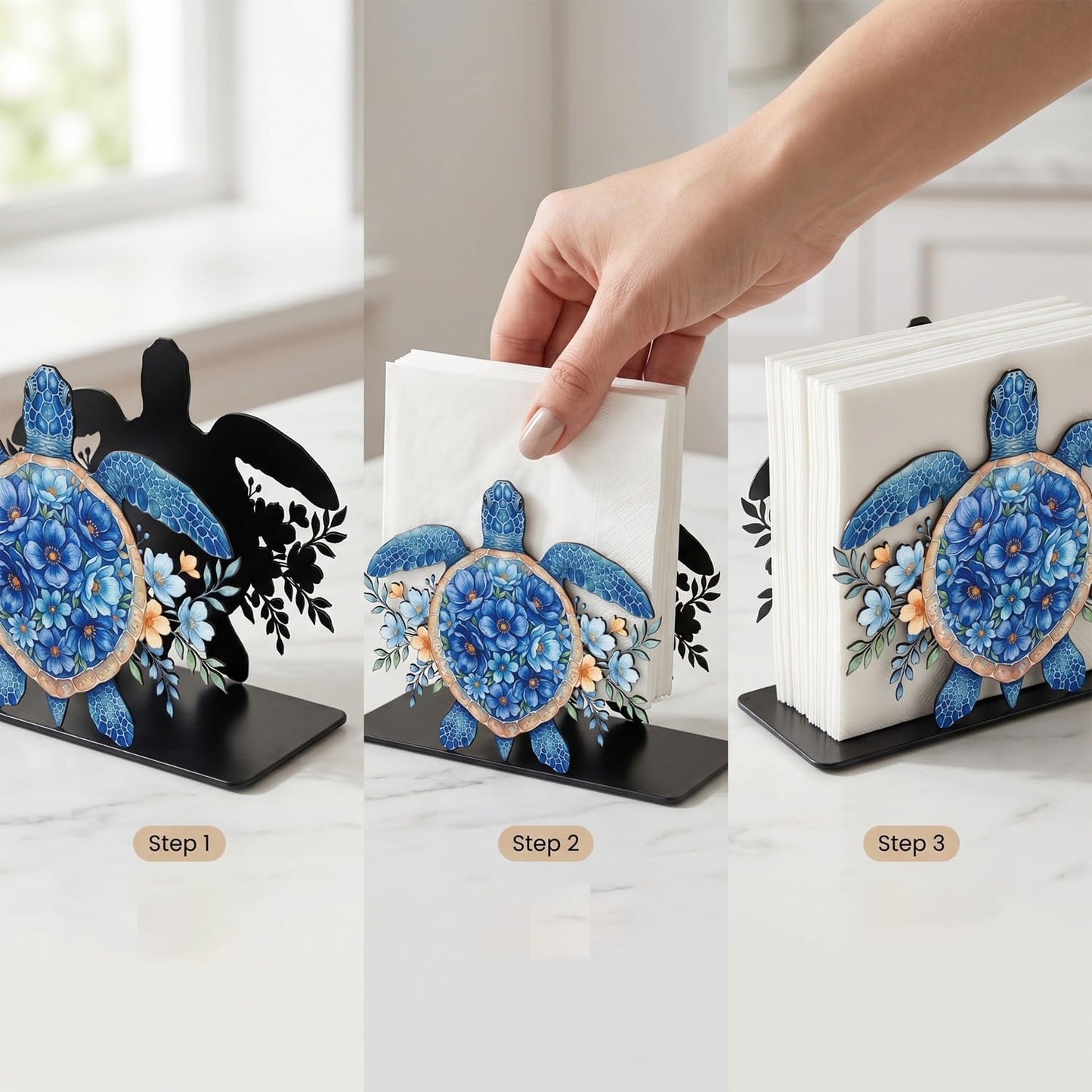 Metal Paper Napkin Standing Holder Dispenser for Dinner Kitchen / Coastal Sea Turtle