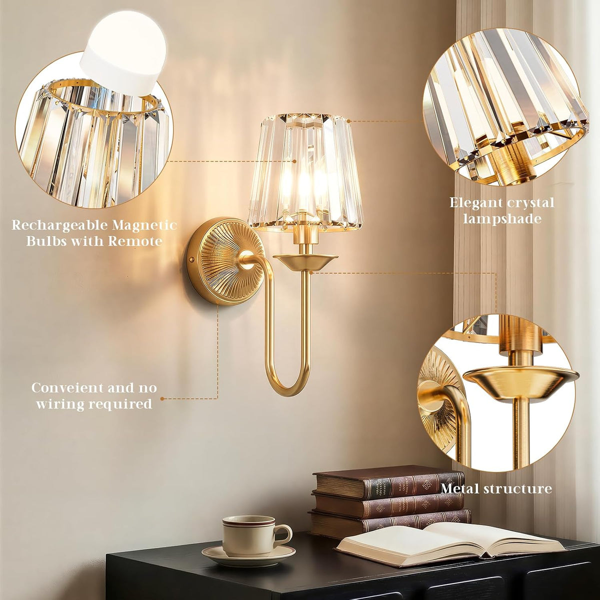 Gold Battery Operated Wall Sconces Set of Two, Crystal Wireless Rechargeable Wall Lights with Remote, Dimmable 3 CCT