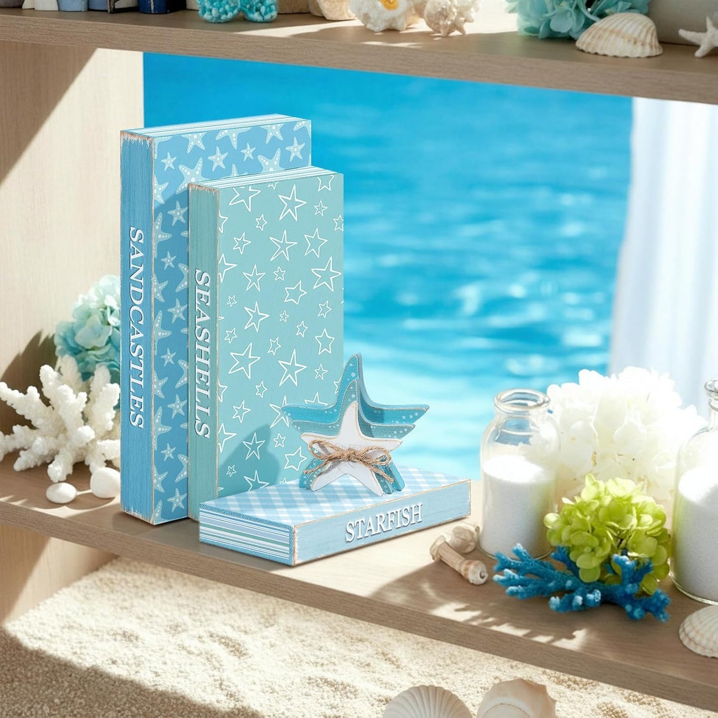 Wooden Coastal Decorative Books / Summer Starfish / Set of 4