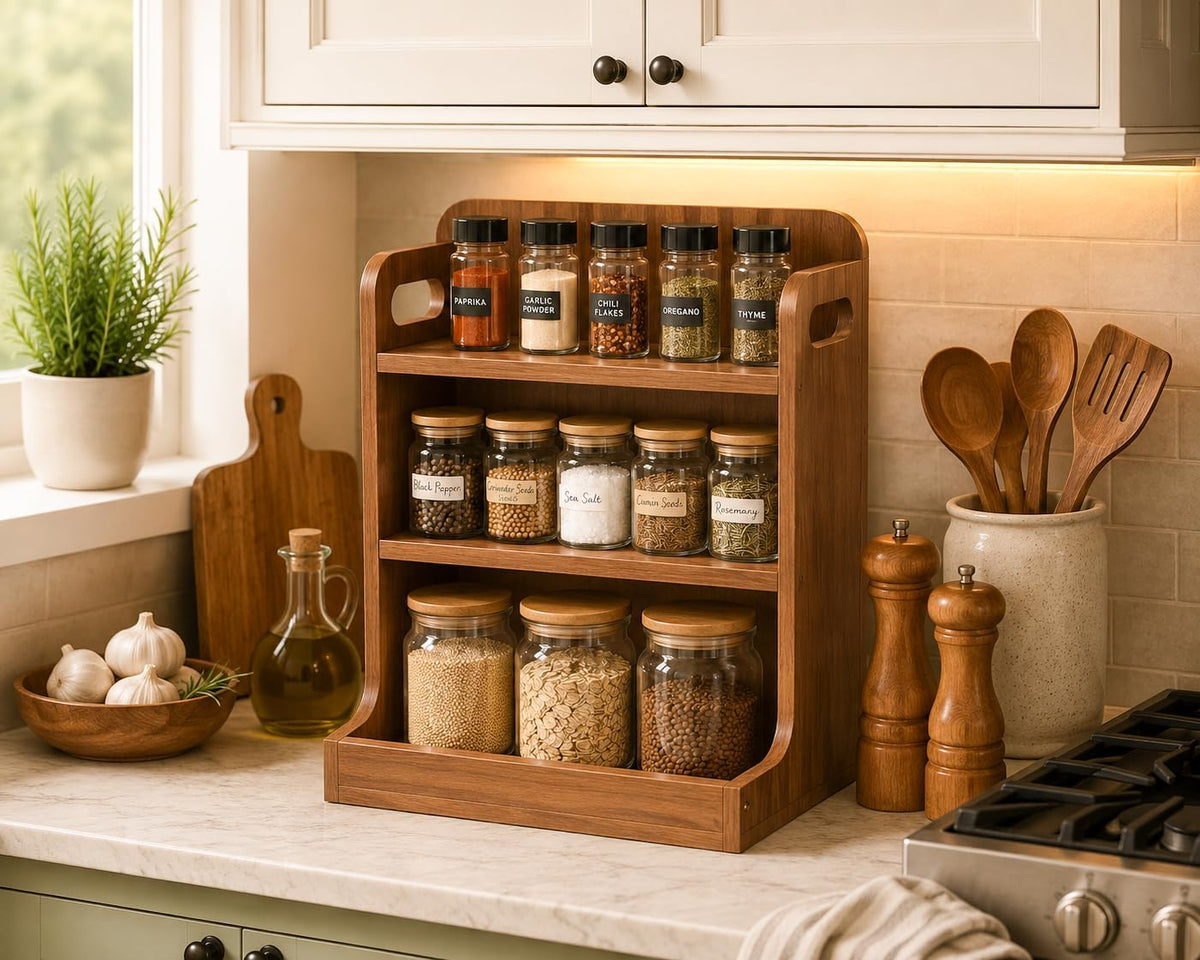 Solid Wood 3-Tier Spice Rack Countertop Organizer Kitchen Storage Shelf | Sturdy wood desktop shelf for spices, coffee