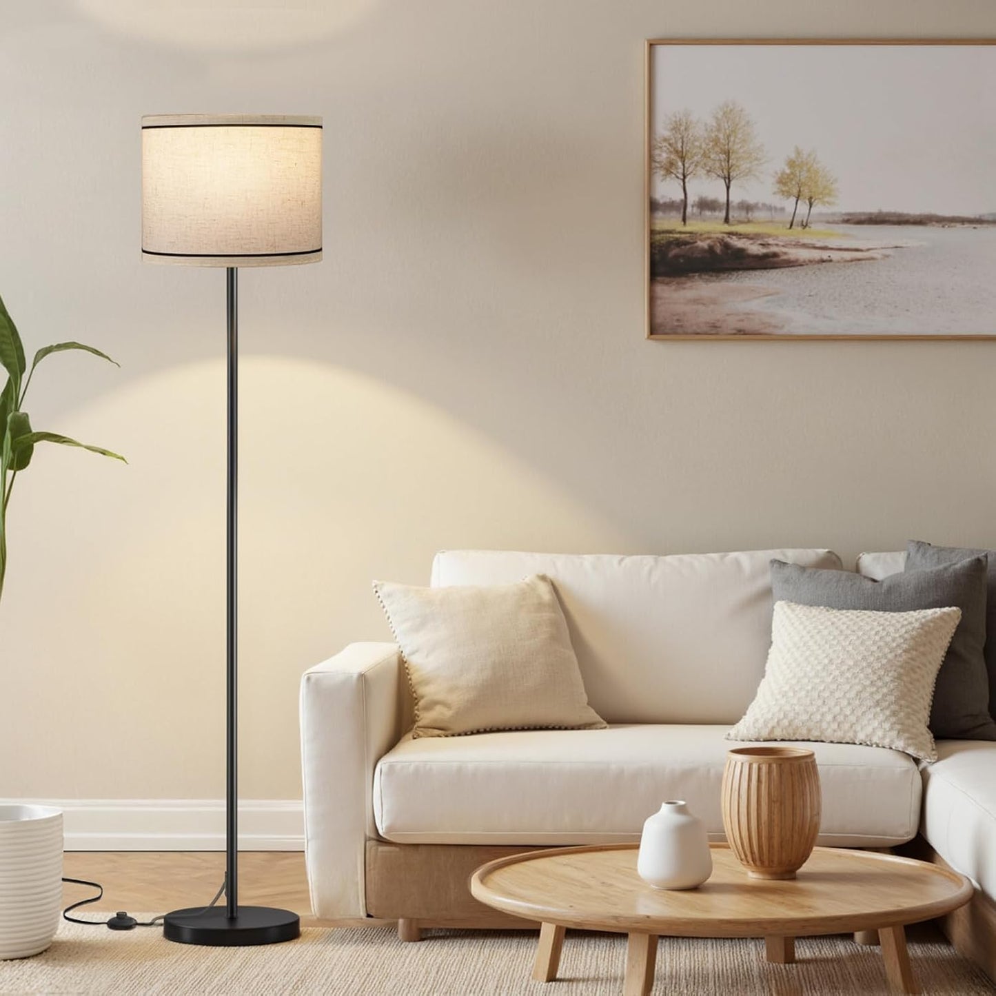 Ambimall 60'' Modern Floor Lamp with Shade, Tall Lamps for Living Room, Bedroom, Office, Dining Room, Beige Lampshade