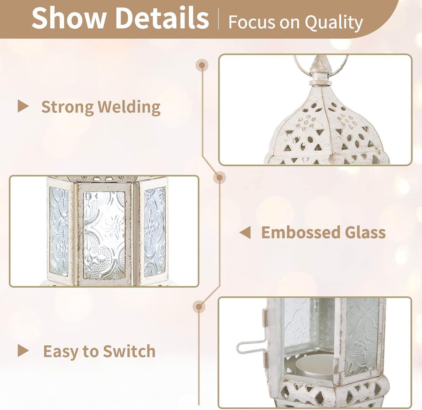 2 Pcs Moroccan Lantern Metalwork Hanging Tealight Candle Holder Metal Glass Indoor Outdoor Battery Operated LED