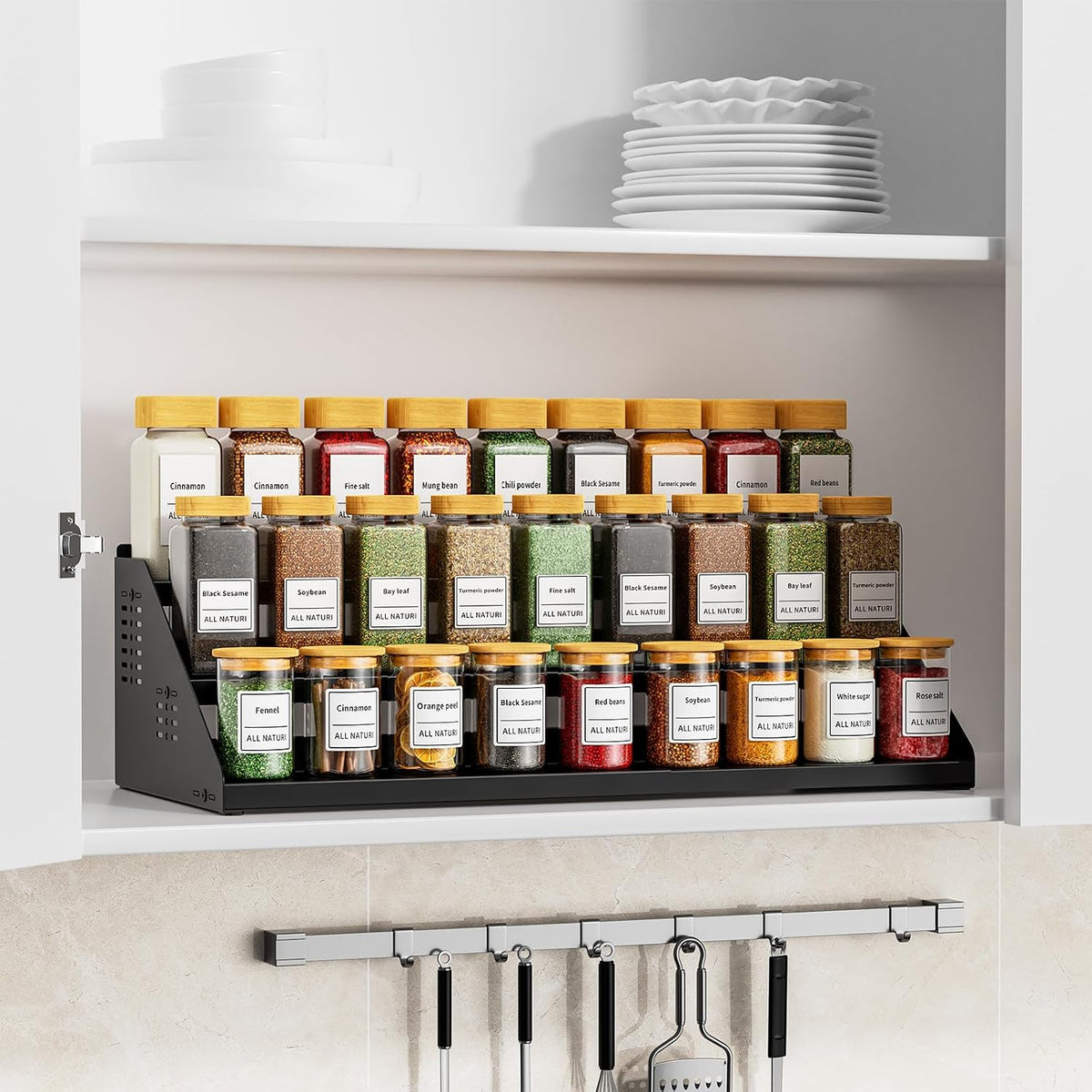 RCHYFEED 3 Tier Spice Rack Organizer for Cabinet,Expands 13.4 to 21.8 Inch | Black, Height Adjustable Metal Spice Rack