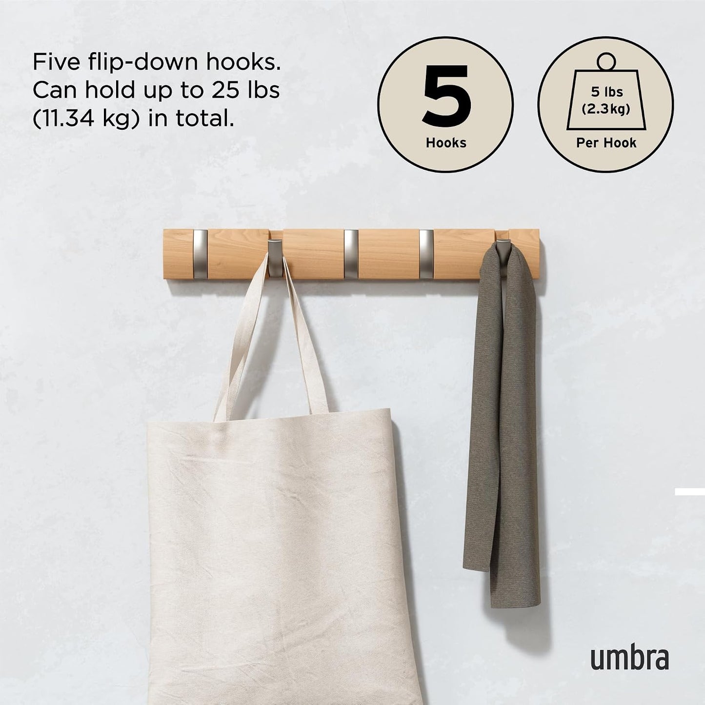 Umbra Flip 5 Wall Mounted Hook | Real wood and steel build, retractable hooks fold flat, holds coats bags and scarves