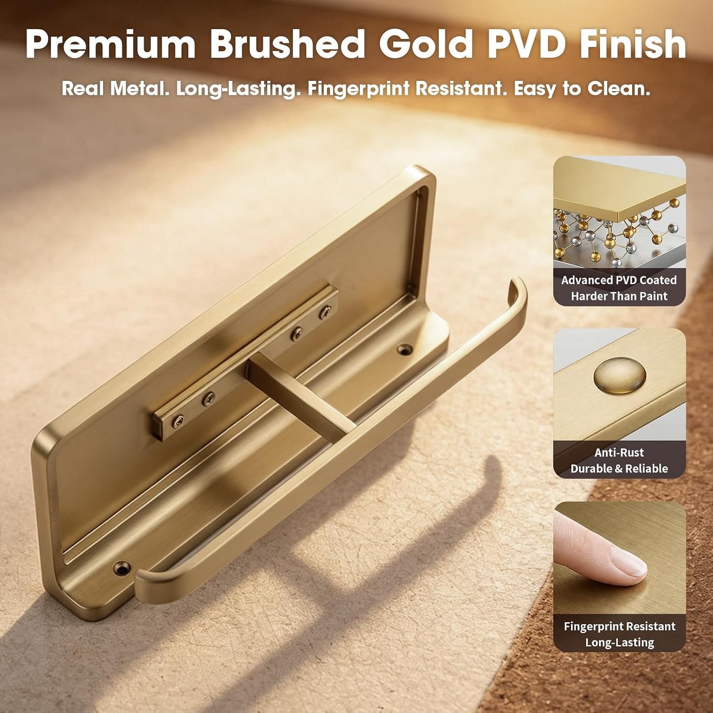 TRUSTMI Brushed Gold Dual Roll Toilet Paper Holder with Phone Shelf | Solid zinc alloy holder holds 11 lbs and fits