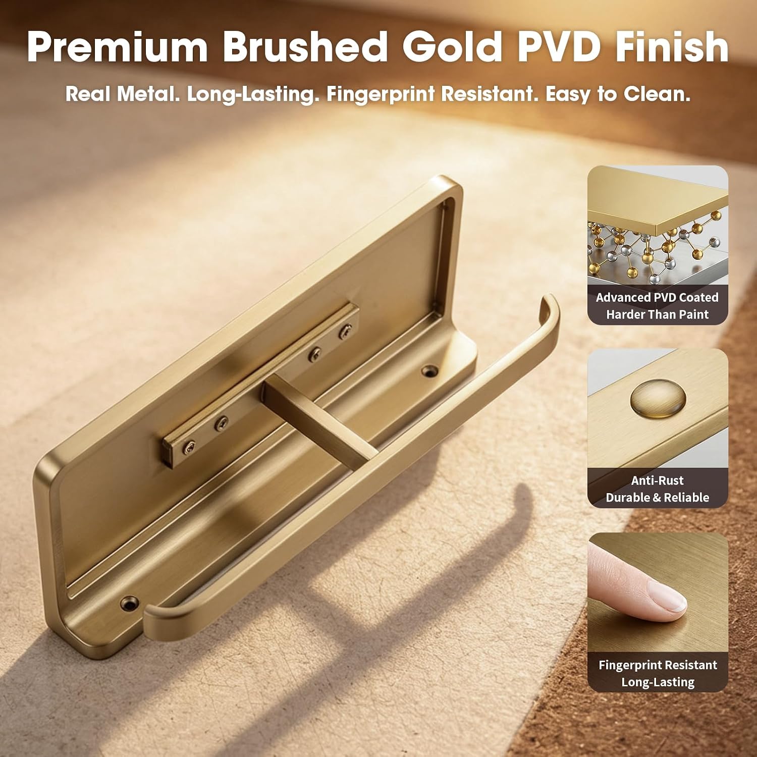 TRUSTMI Brushed Gold Dual Roll Toilet Paper Holder with Phone Shelf | Solid zinc alloy holder holds 11 lbs and fits