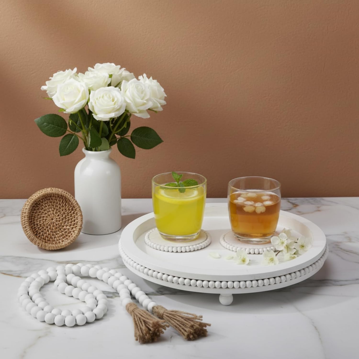 Farmhouse Trays Decoration Set 6 Rustic Wooden Bead Coasters / White / Set of 8