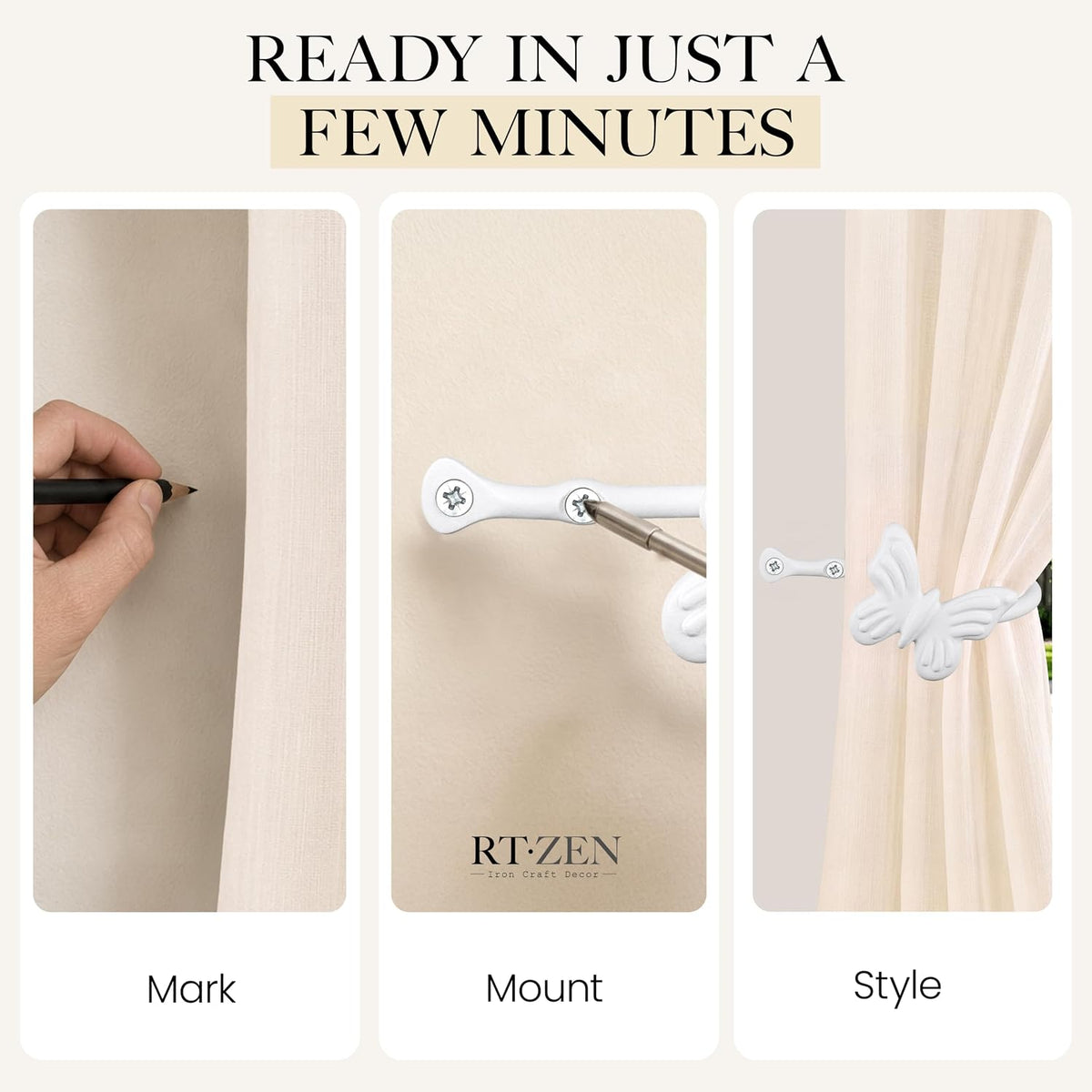 Metal Curtain Tiebacks, Drapery Holders for Wall, 2 Pcs | Farmhouse Wrought Iron Curtain Holdbacks, Ornamental Window