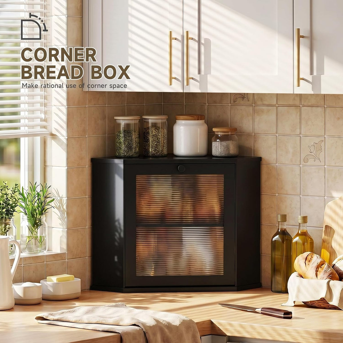 Bread Box for Kitchen Corner Countertop,Large Bread Basket (Black, Large) | Double Layer Bamboo Bread Storage Container