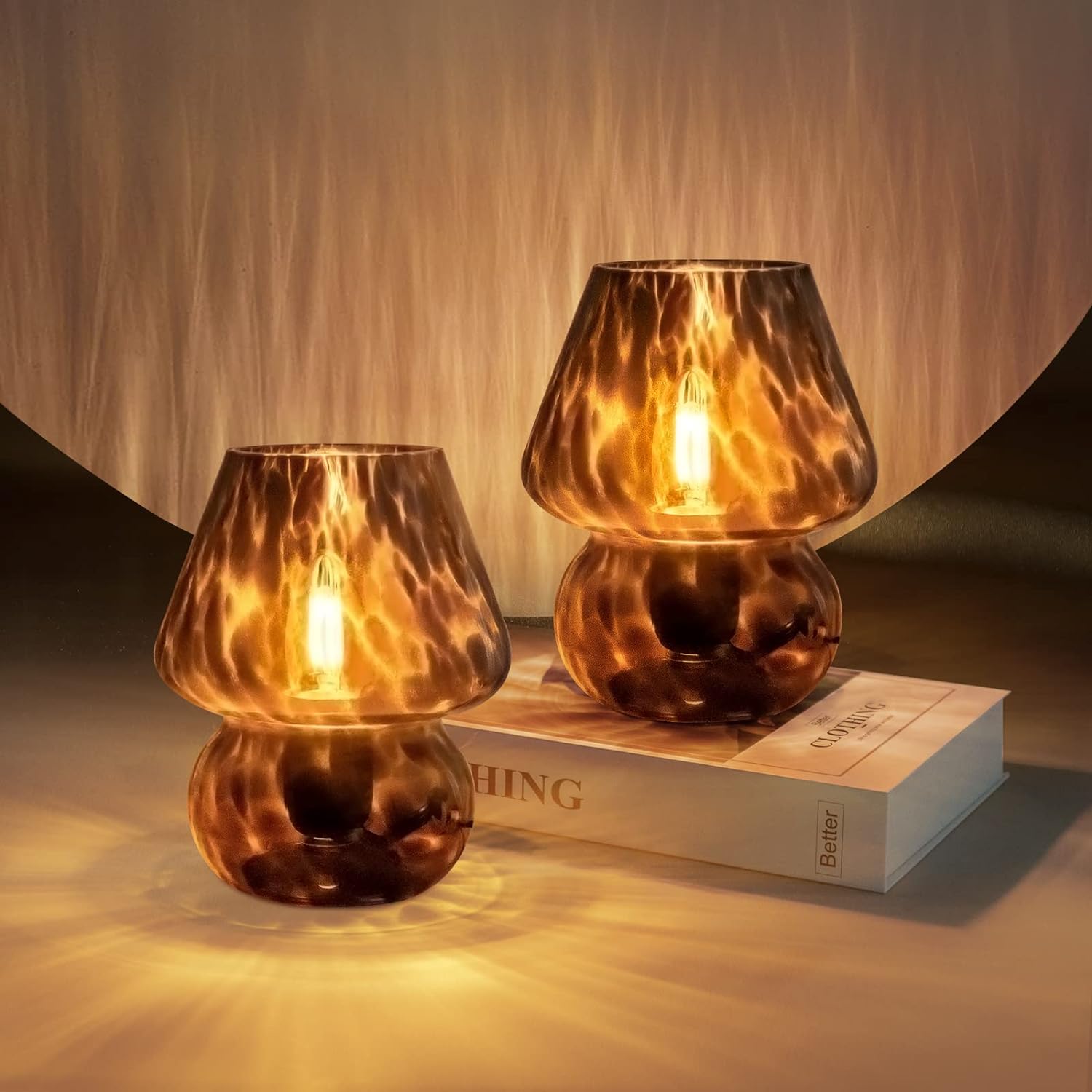 ONEWISH Mushroom Lamp Small Vintage Table Lamp for Bedroom Set of 2, Nightstand Bedside Lamp Translucent Glass