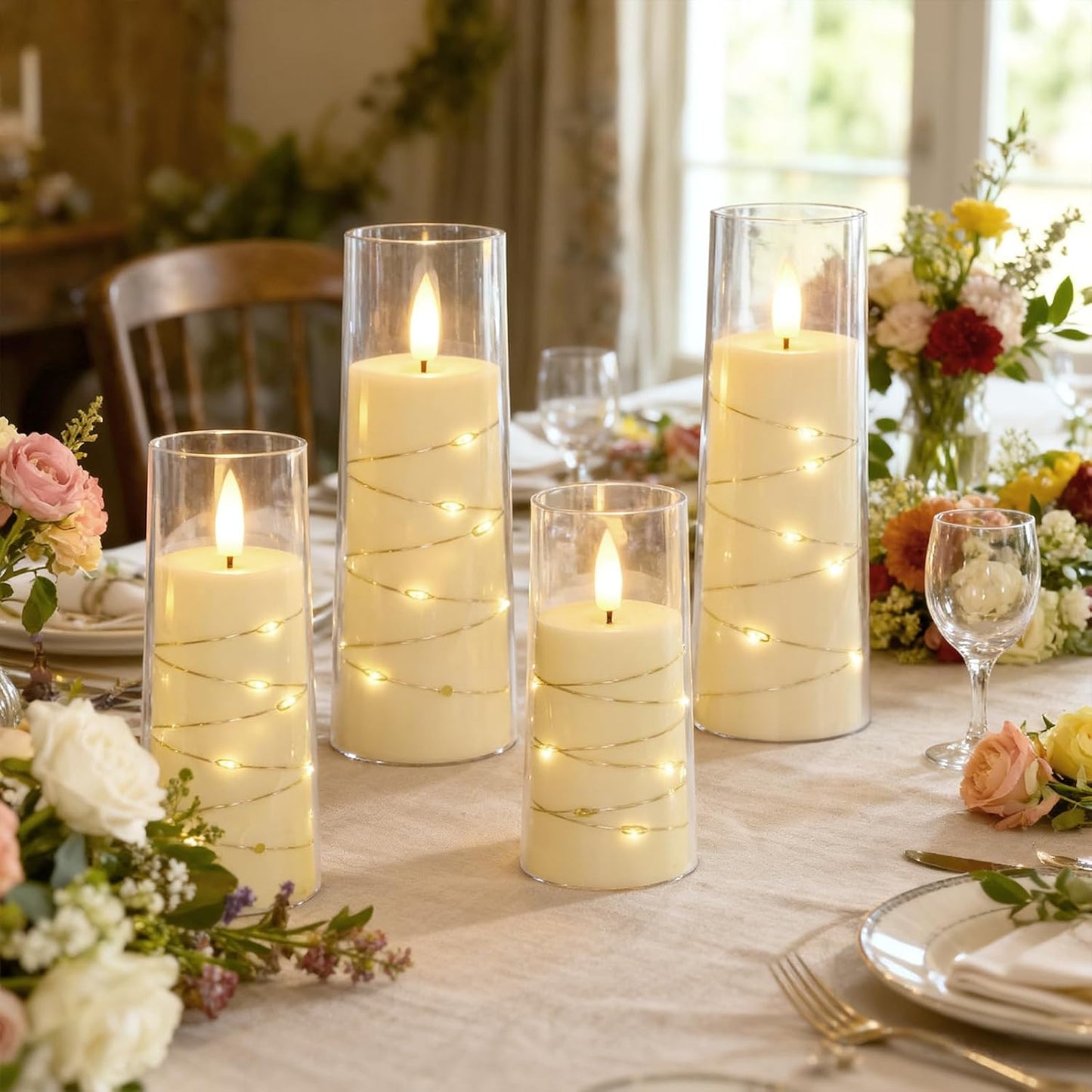 Raycare 9 Pcs Flameless Battery Operated Pillar Candles with Remote Timer | Acrylic LED Candle with Embedded String