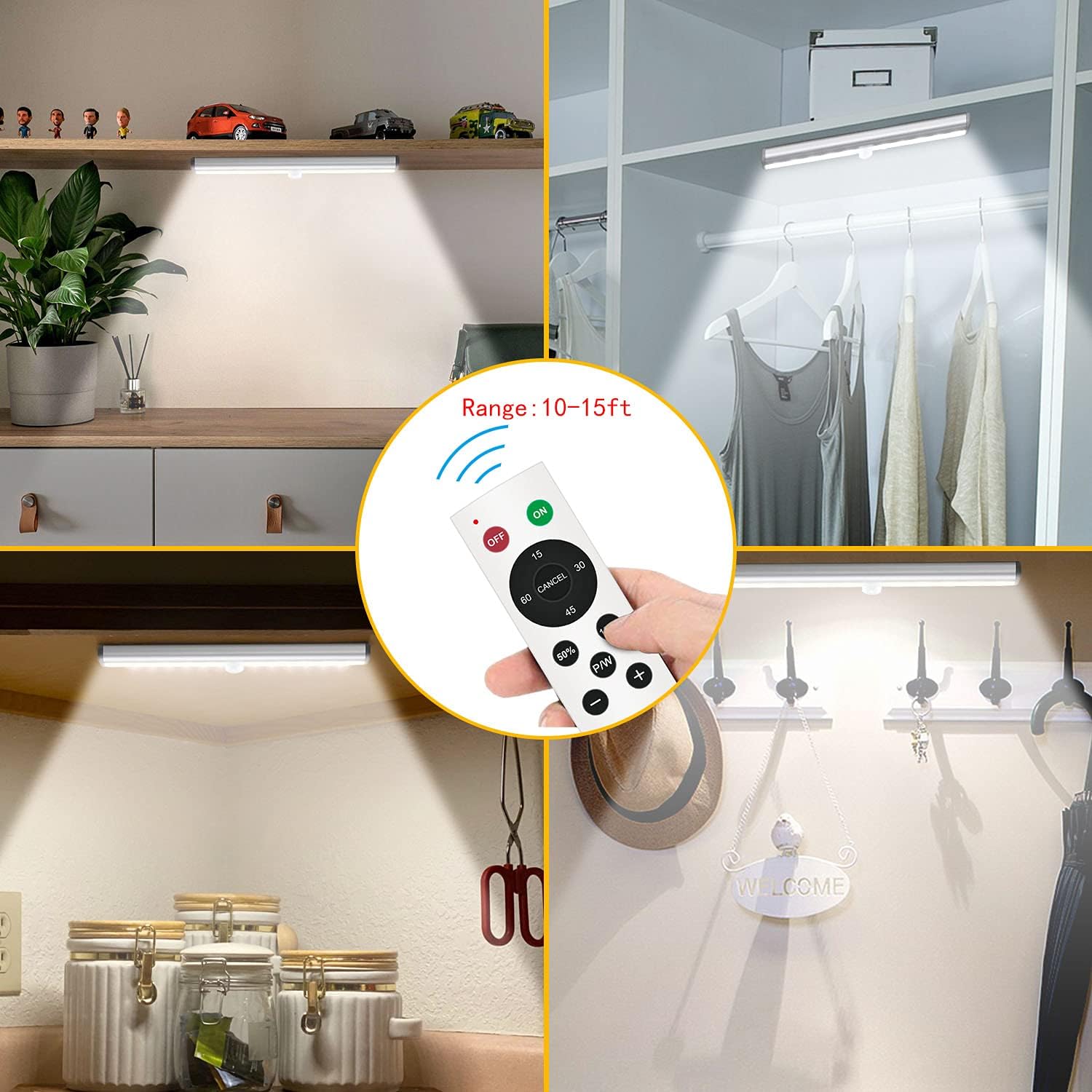 Under Cabinet Lighting with Remote, 3 Color Temps,4 Pcs | Wireless Rechargeable, 20-LED Dimmable, 10 Level Brightness