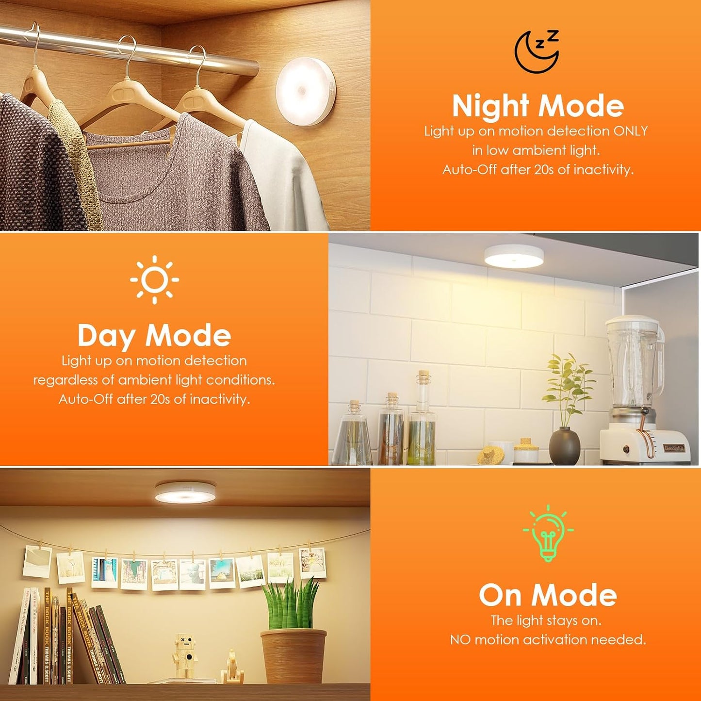 Motion Sensor Puck Light with Remote, Warm White, 8-Pack | Wireless Dimmable, Under Cabinet Lights, Rechargeable