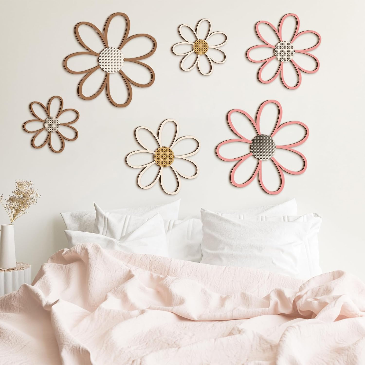 Daisy Wall Decor Wooden Daisy Wall Sculptures Art Flowers Signs Hanging / Warm Color / Set of 6