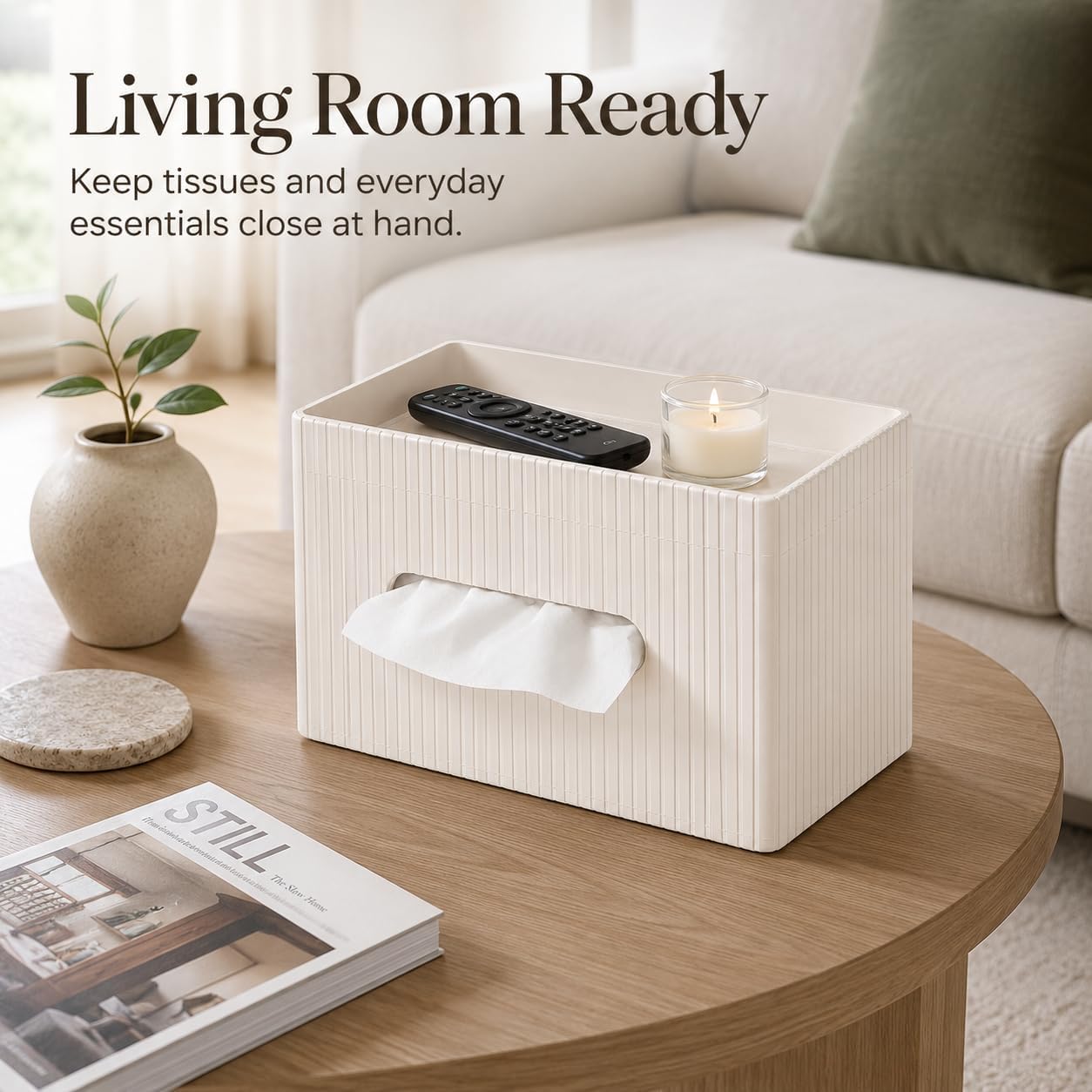 Ribbed PU Leather Tissue Box Cover / Ivory White