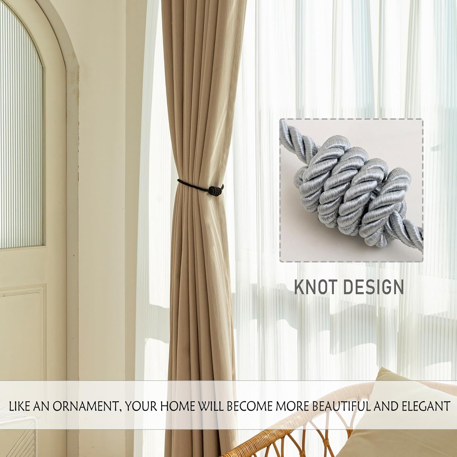 Curtain Tiebacks Magnetic Decorative Rope Tie Backs Holdbacks Contoeey | 8 Pack Grey Modern Elegant Window Treatment