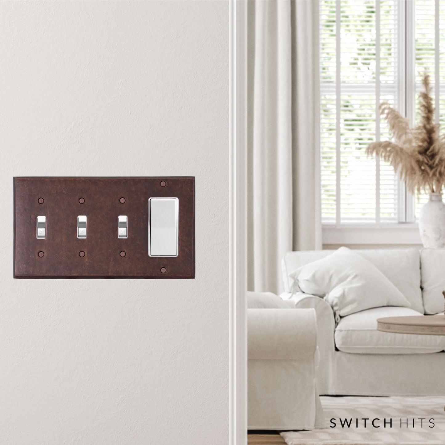 Mottled Antique Copper Outlet Wall Plate | 3 Toggle - 1 GFI Rocker | 8.25" x 4.5" | Hand-Polished Brass Construction