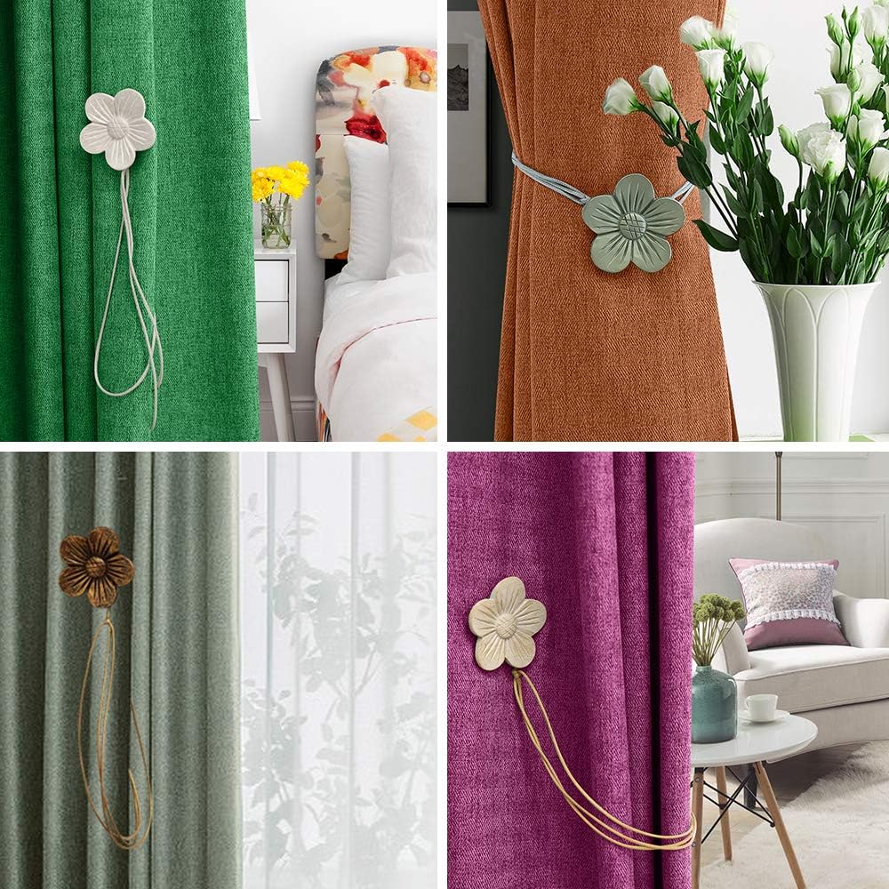 Lewondr Magnetic Curtain Tiebacks, Flower Vintage Curtain Holdbacks, Coffee | 2 Pairs, Resin Curtain Ties with Rope