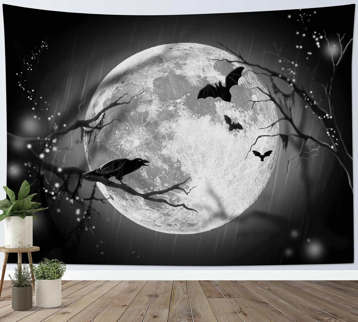 LB Halloween Full Moon Tapestry, Horror Black Crow with Bat on Grey and Black Night Sky Wall Tapestry for Bedroom, Creppy Bat Wall Hanging Tapestry Wall Art for Living Room Home Decor, 92.5 x 70.9