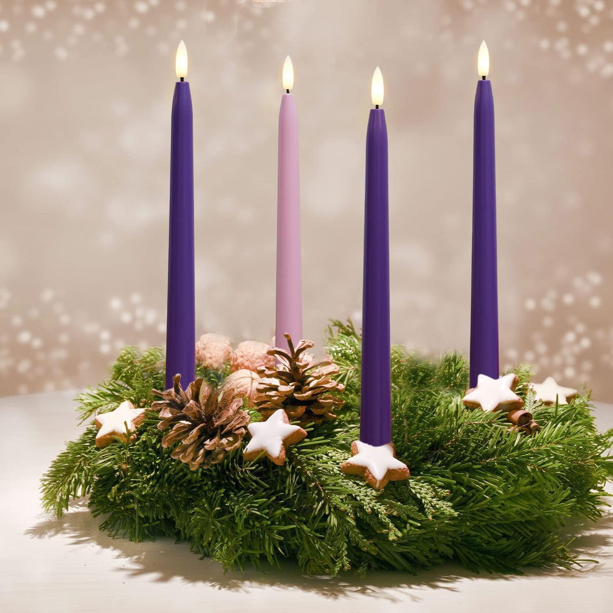 Stmarry Flameless Advent Candles, Set of 4 - Flickering LED Flame, 11 Inch Taper Candlesticks, Remote Controlled