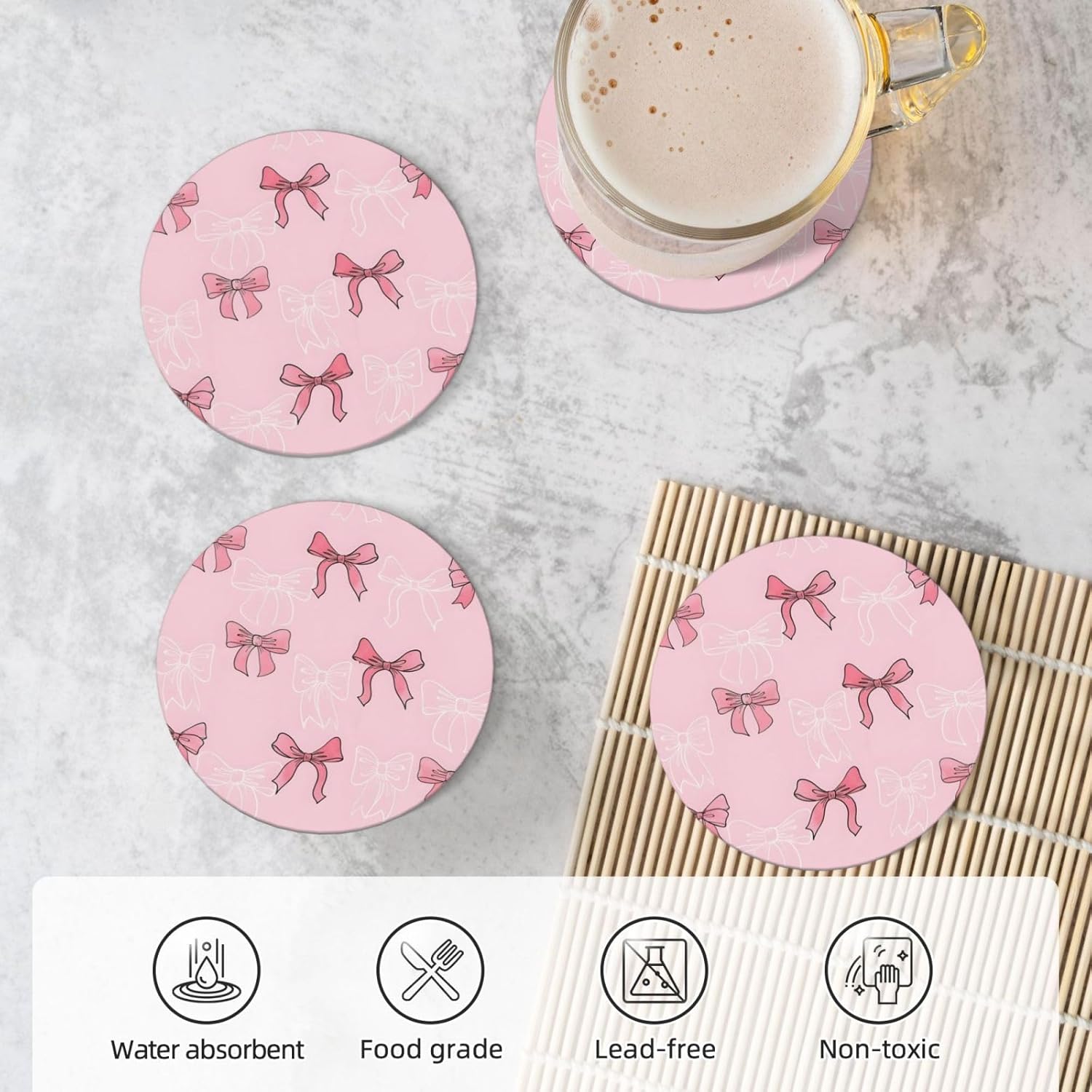Absorbent Ceramic Cork Base Coasters Set Decorative 4.1 / Pink Bow / Set of 4