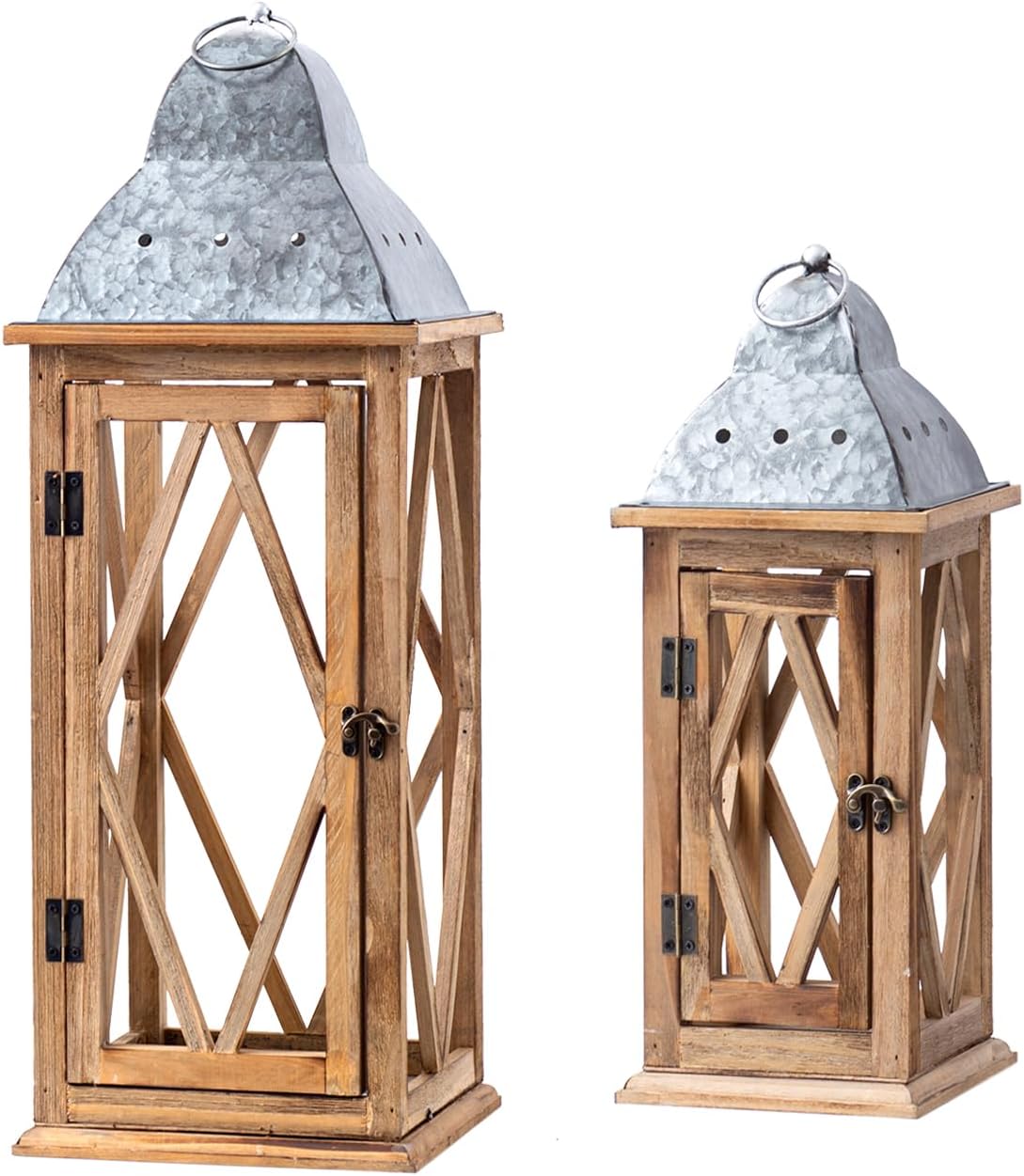 Large Farmhouse Wooden Metal Lantern Set of 2, Rustic Decorative Floor Candle Lanterns, Indoor/Outdoor Hanging Lanterns