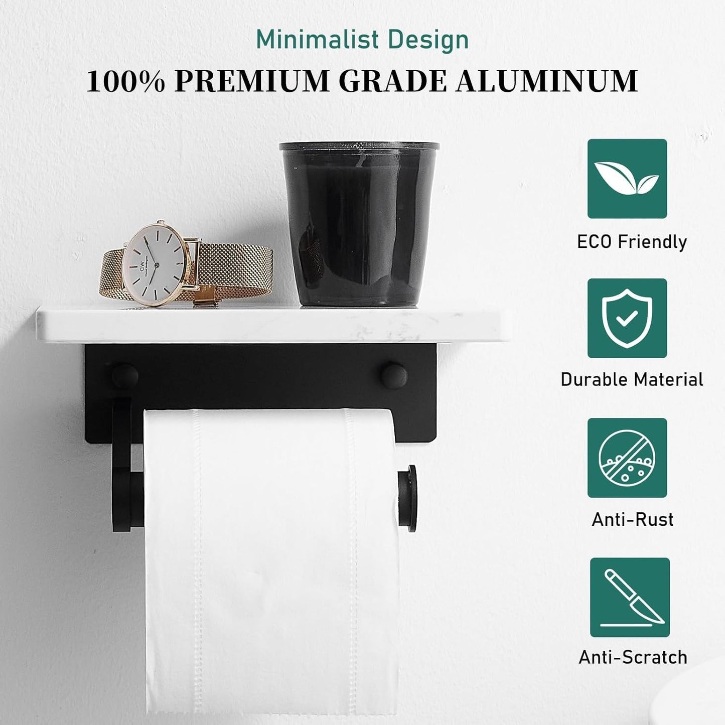 Hoimpro Toilet Paper Holder with Marble Shelf, Wall Mount Matte Black | White Natural Marble Phone Shelf Commercial