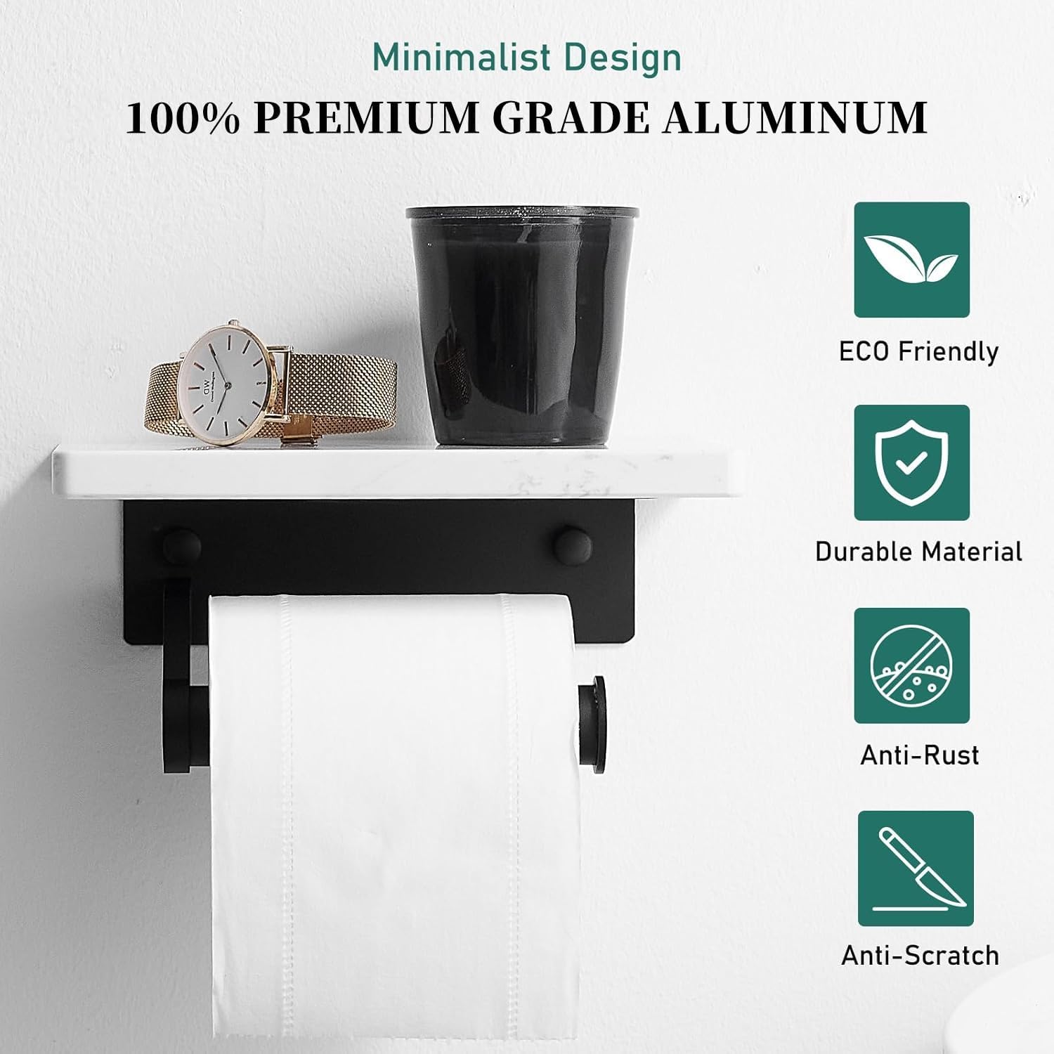 Hoimpro Toilet Paper Holder with Marble Shelf, Wall Mount Matte Black | White Natural Marble Phone Shelf Commercial