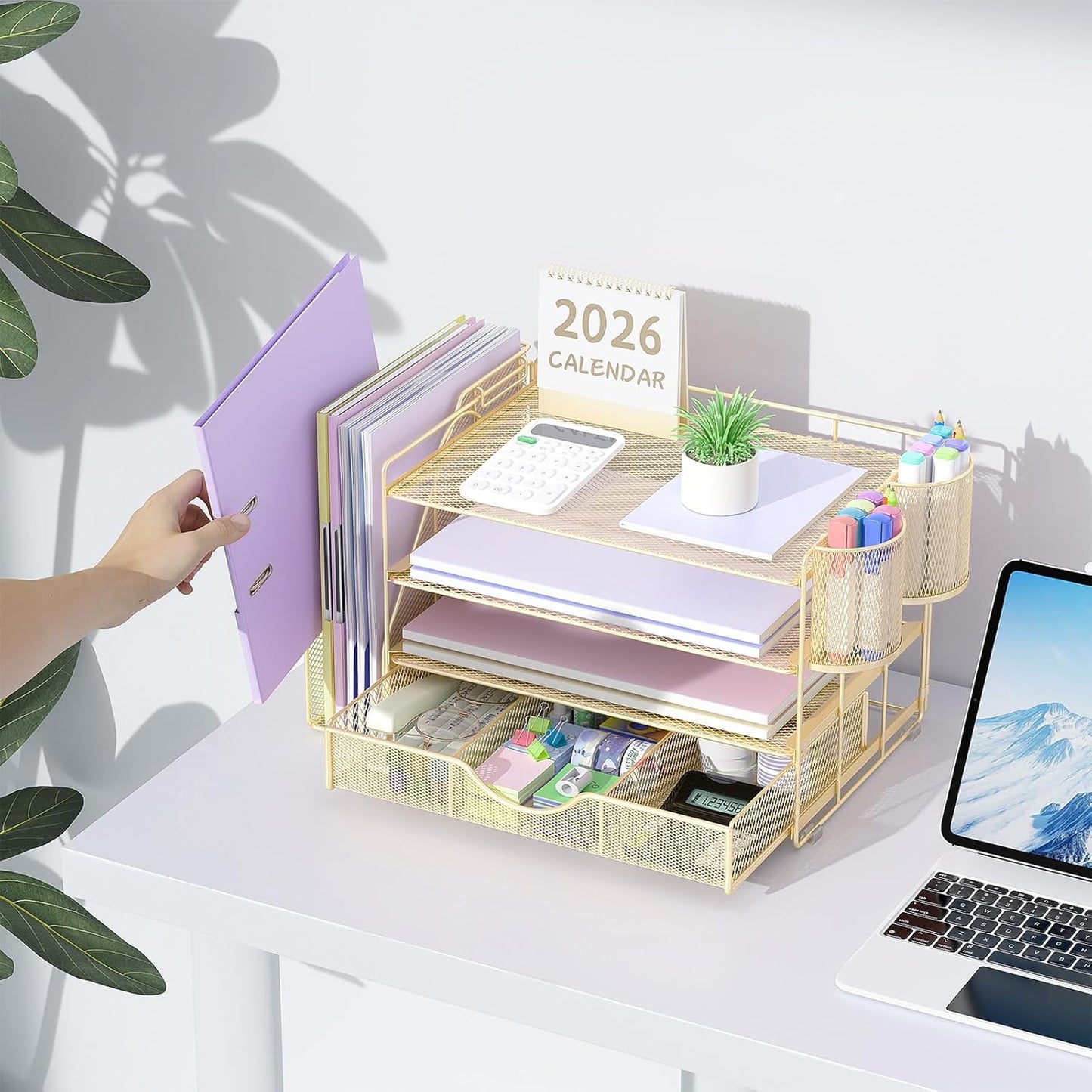 gianotter Desk Organizers and Accessories with File Holder, 4-Tier Desk Accessories & Workspace Organizers with Drawer