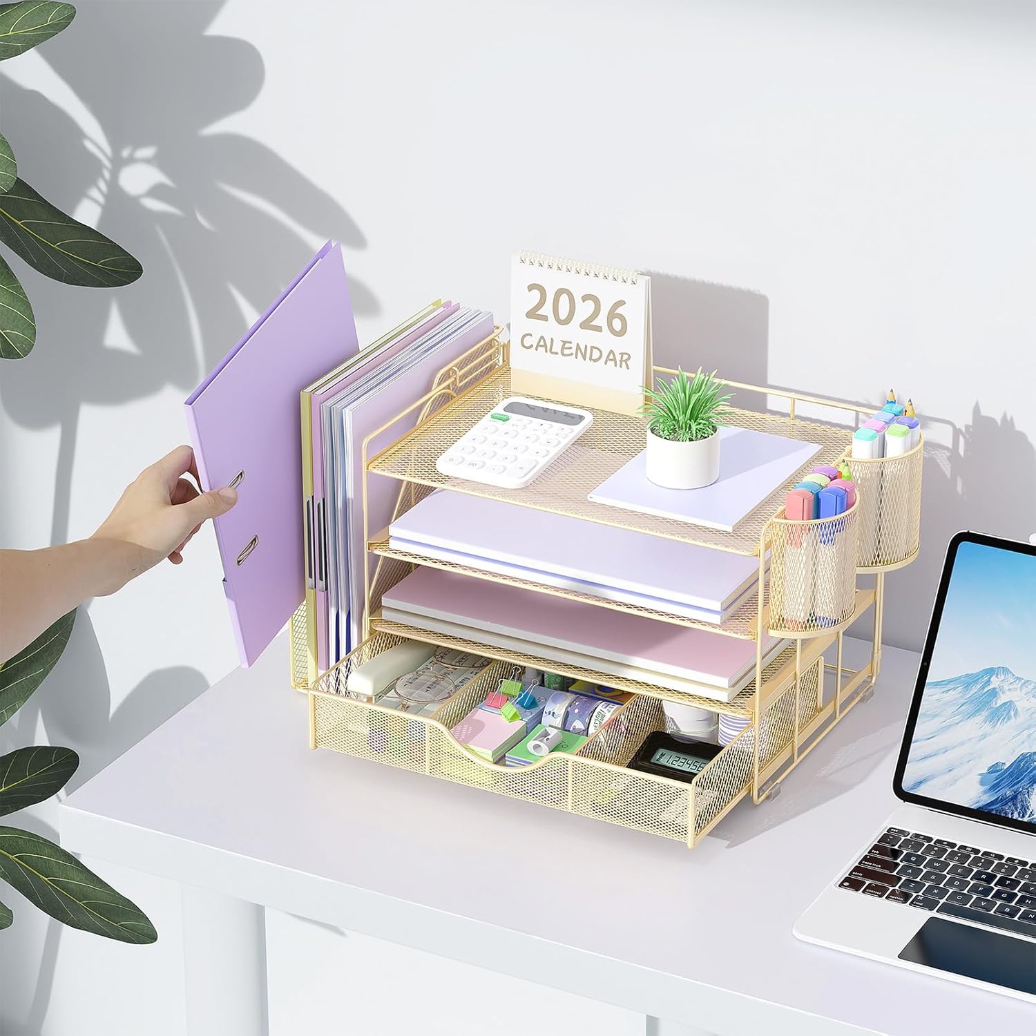gianotter Desk Organizers and Accessories with File Holder, 4-Tier Desk Accessories & Workspace Organizers with Drawer
