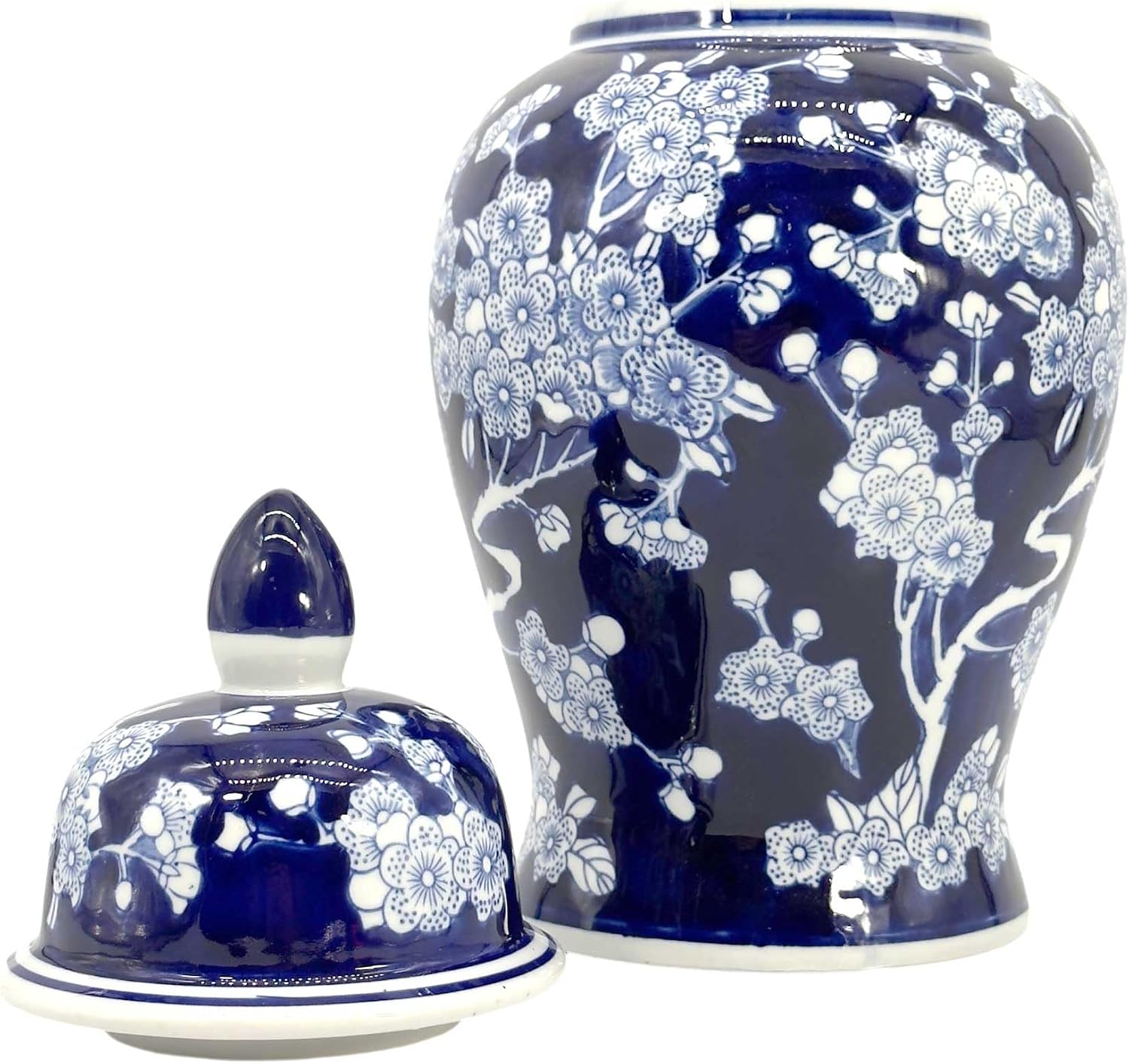 14" Dark Blue & White Cherry Blossom Floral Ceramic Porcelain / 14" Dark Blue & White Ginger Jar