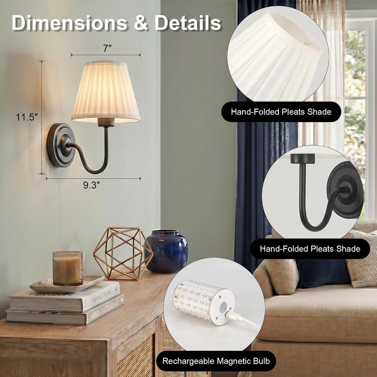 Black Wireless Wall Sconce Set of 2, Battery Operated Wall Sconce Lights with 3 CCT Color & Dimmable Magnetic Bulb and