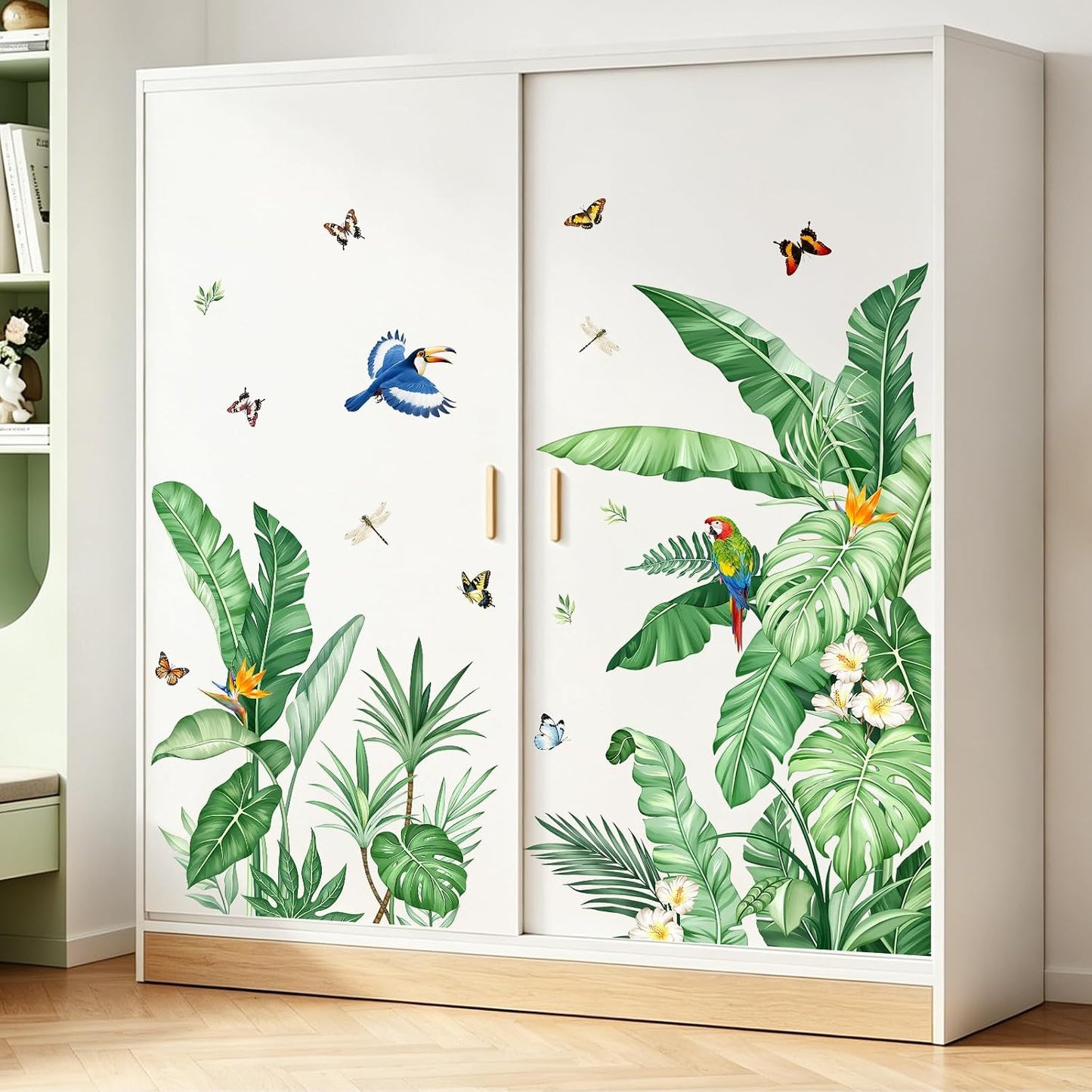 Tropical Palm Leaves Wall Decals Nature Jungle Leaf Plants Birds Wall Art Stickers / Green