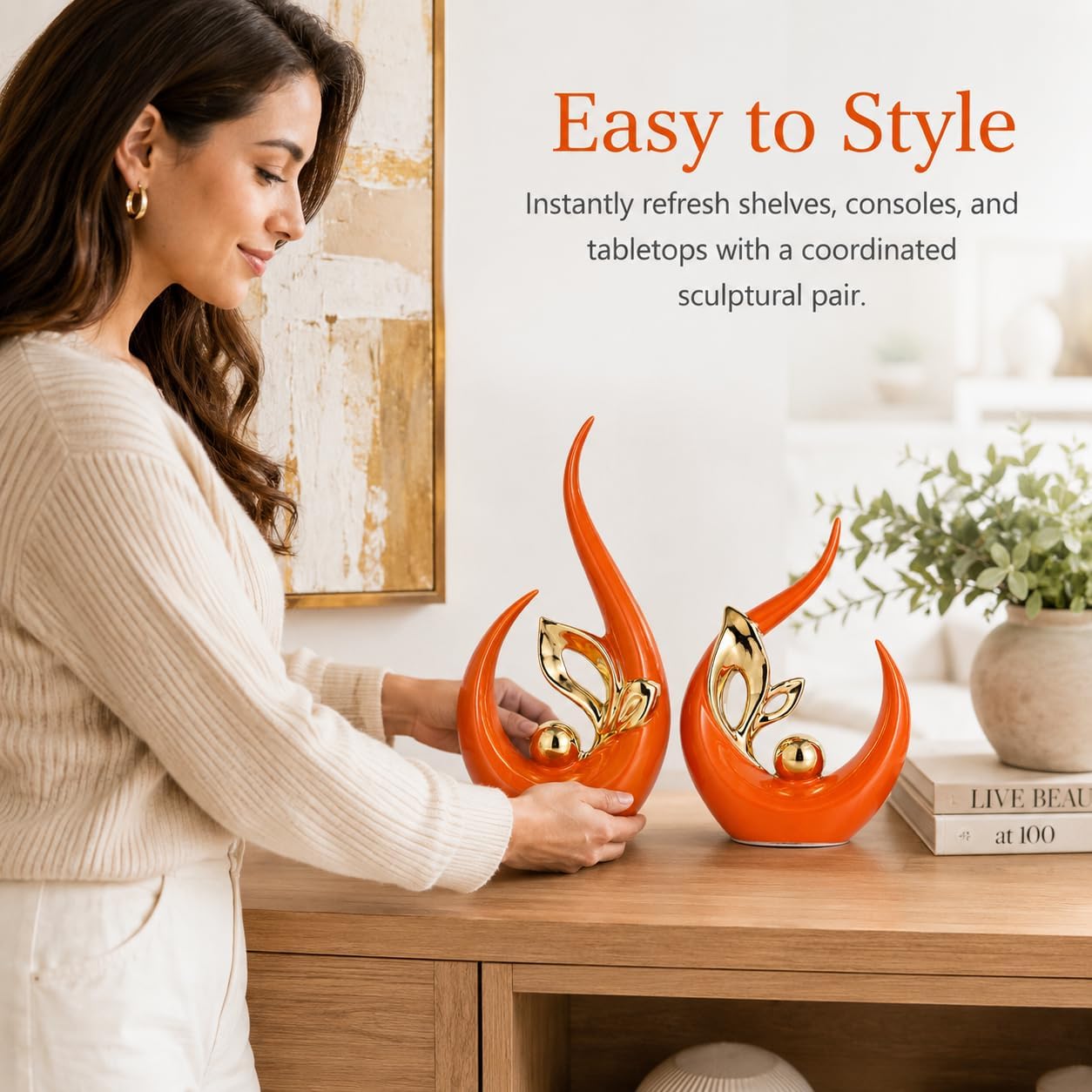 Burnt Gold Ceramic Statues / Orange