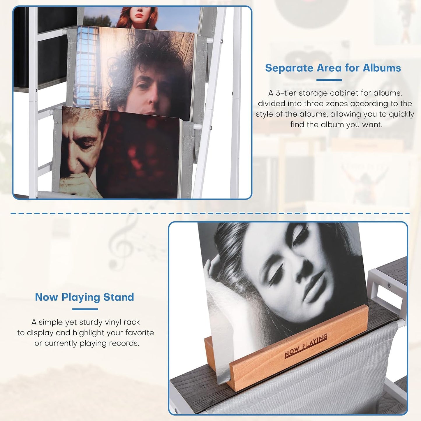 HYCFYJR Record Player Stand, Vinyl Record Storage with Now Playing Holder | 3 Tier Turntable Stand with Album Storage