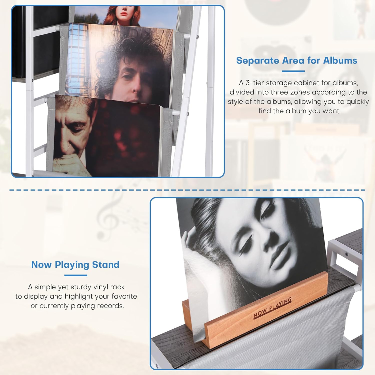 HYCFYJR Record Player Stand, Vinyl Record Storage with Now Playing Holder | 3 Tier Turntable Stand with Album Storage