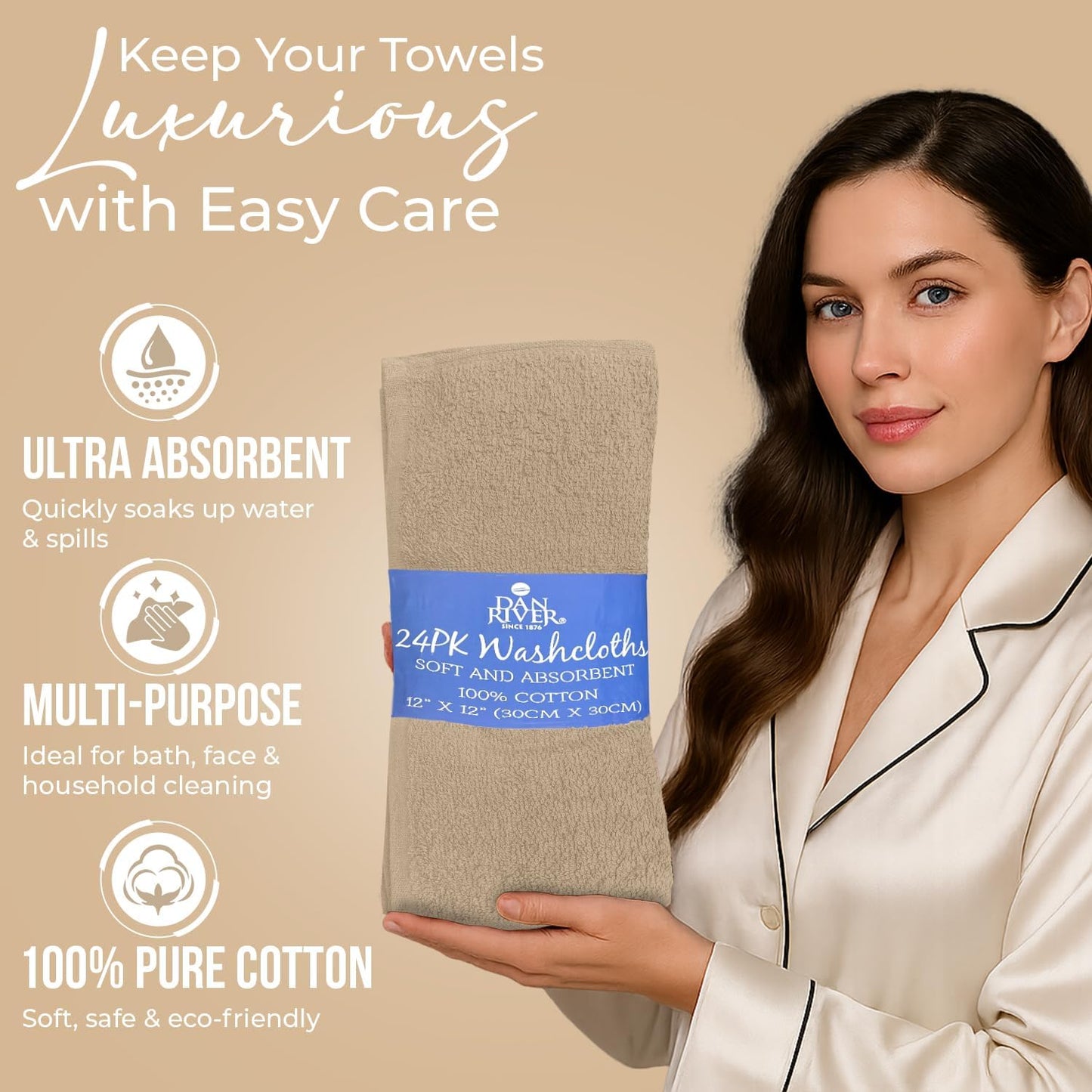 DAN RIVER 24 Pack Cotton Wash Cloths Set for Showering [12x12] Tan | Lighter Weight, Quick to Dry, Super Soft &