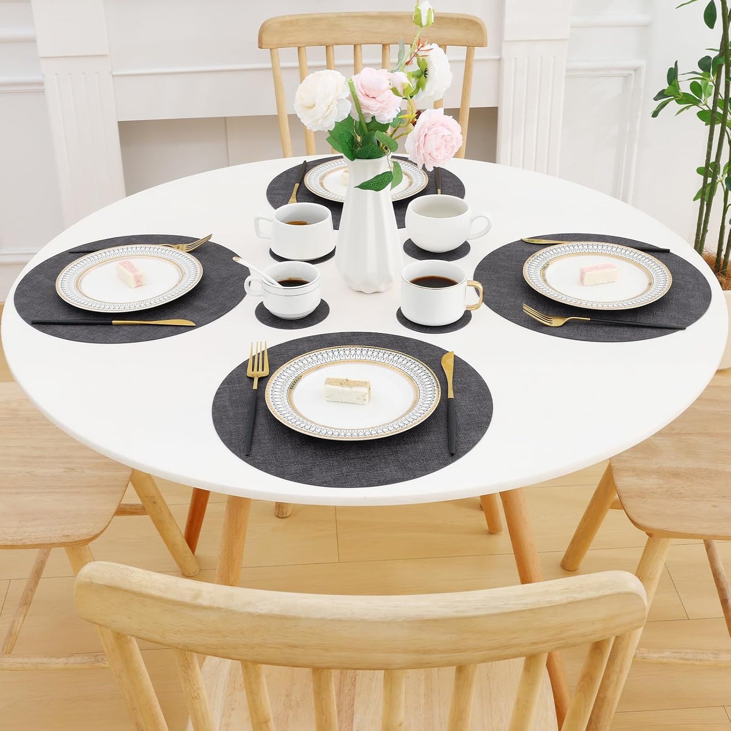 Homaxy Round Faux Leather Placemats and Coasters, Set of 8, Dark Grey | Washable Dual-side Table Mats, Wipeable Place