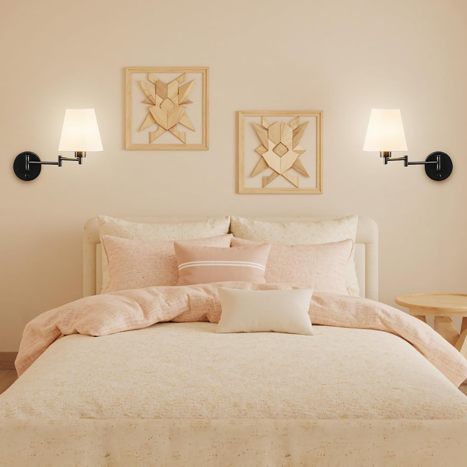 VONLUCE Wall Sconce Set of 2, Plug in & Swing Arm Wall Lamps, Black Finish | Modern Wall Lights with White Fabric