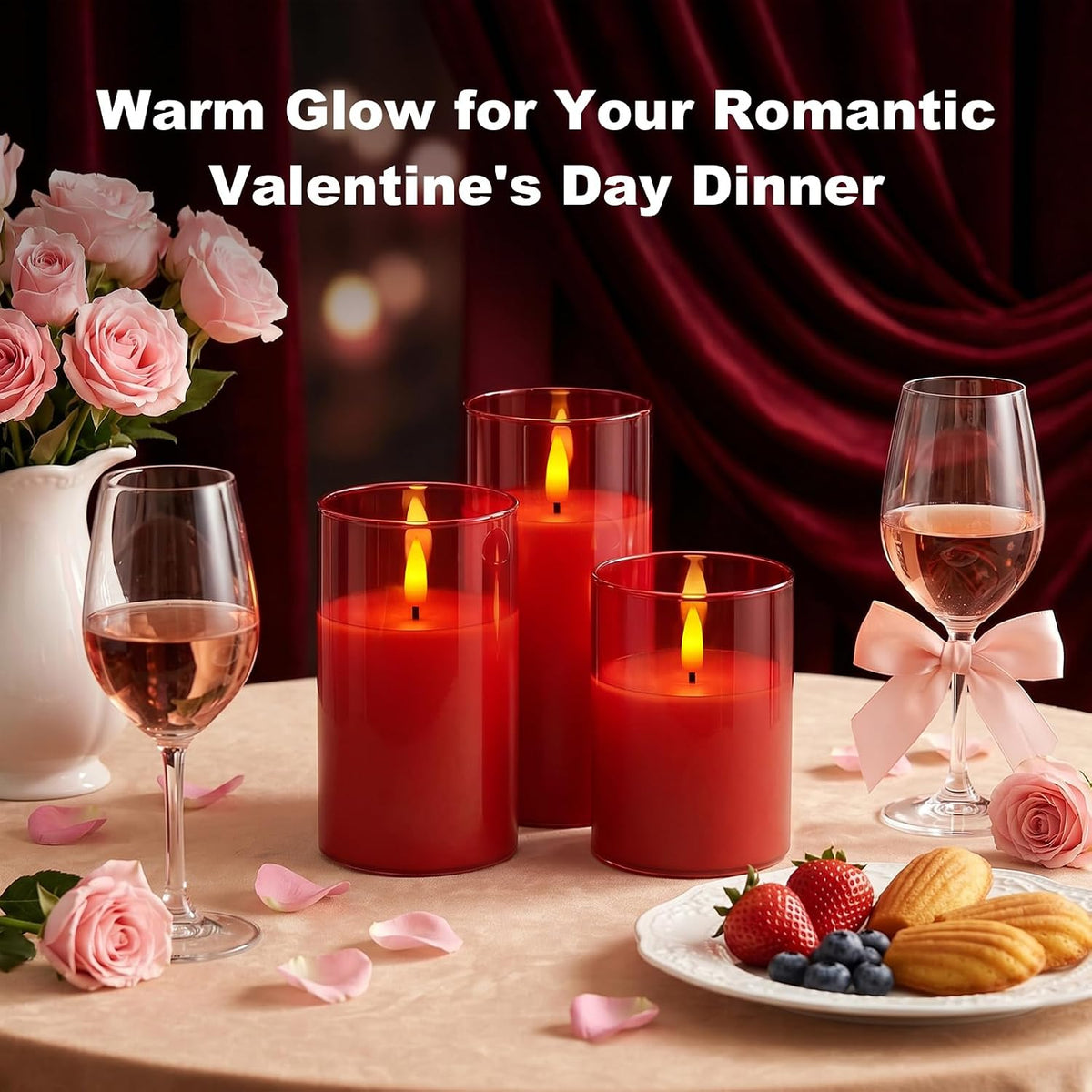 Amagic Red Glass Flameless LED Candles Battery Operated with Remote Timer | Real Wax Pillar Electric Candle, 3D