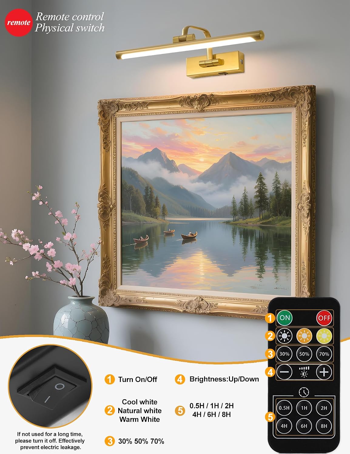Wireless Picture Light for Wall, Rechargeable Light for Pictures with Remote & Timer, 16 Inch Dimmable Gold Art Light