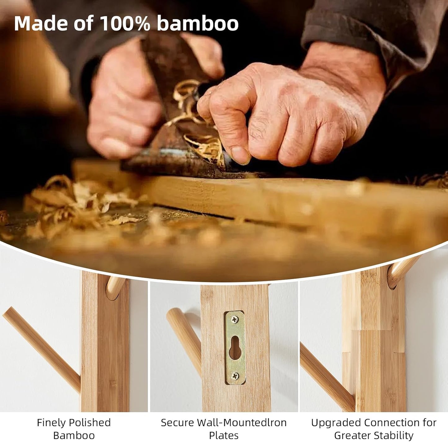2-Pack Vertical Wall Mount Coat Rack for Clothes and Hats, Natural | Bamboo construction, 16 polished hooks, max 50 lbs