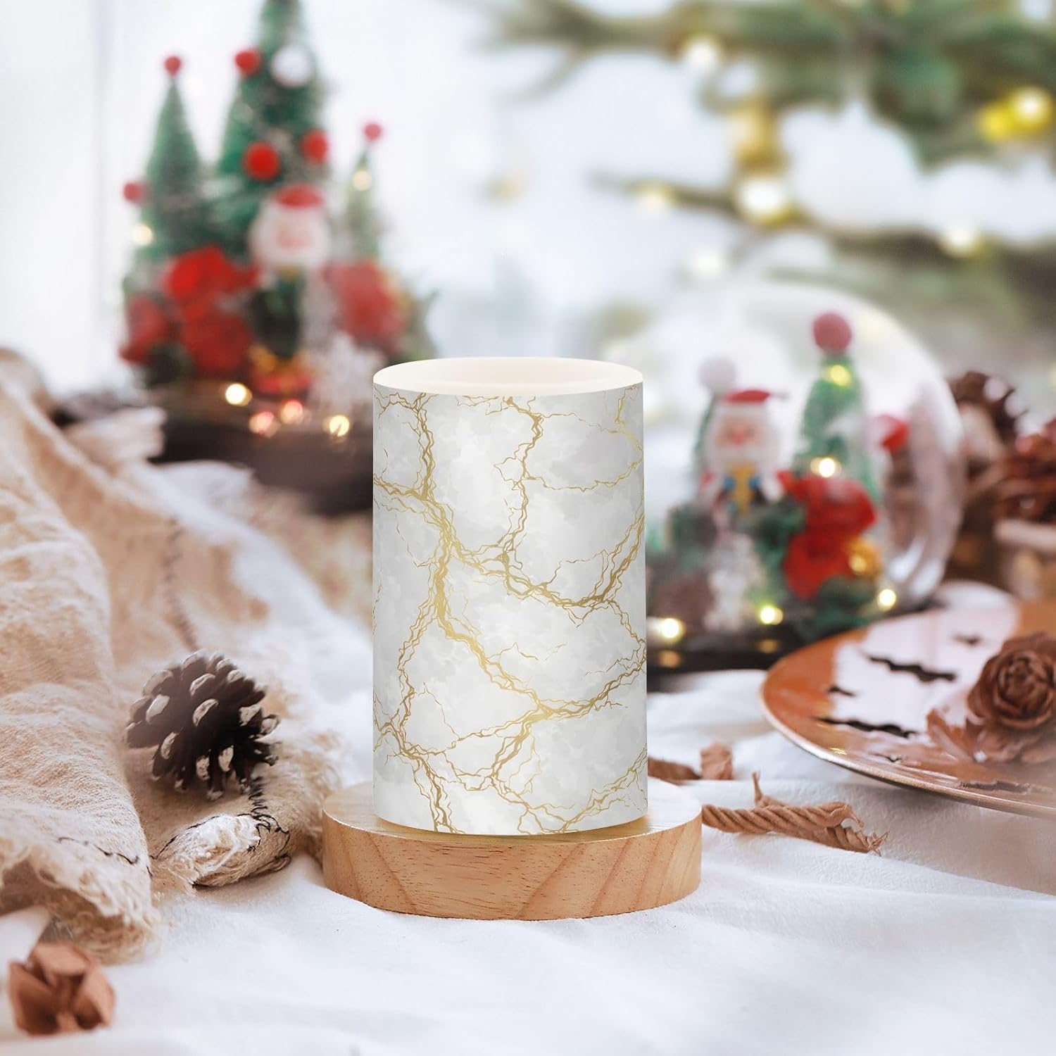 Flickering Flameless Candles, Marble Gray White Golden Texture LED Candles with Remote Timer, Set of 2 Battery Operated