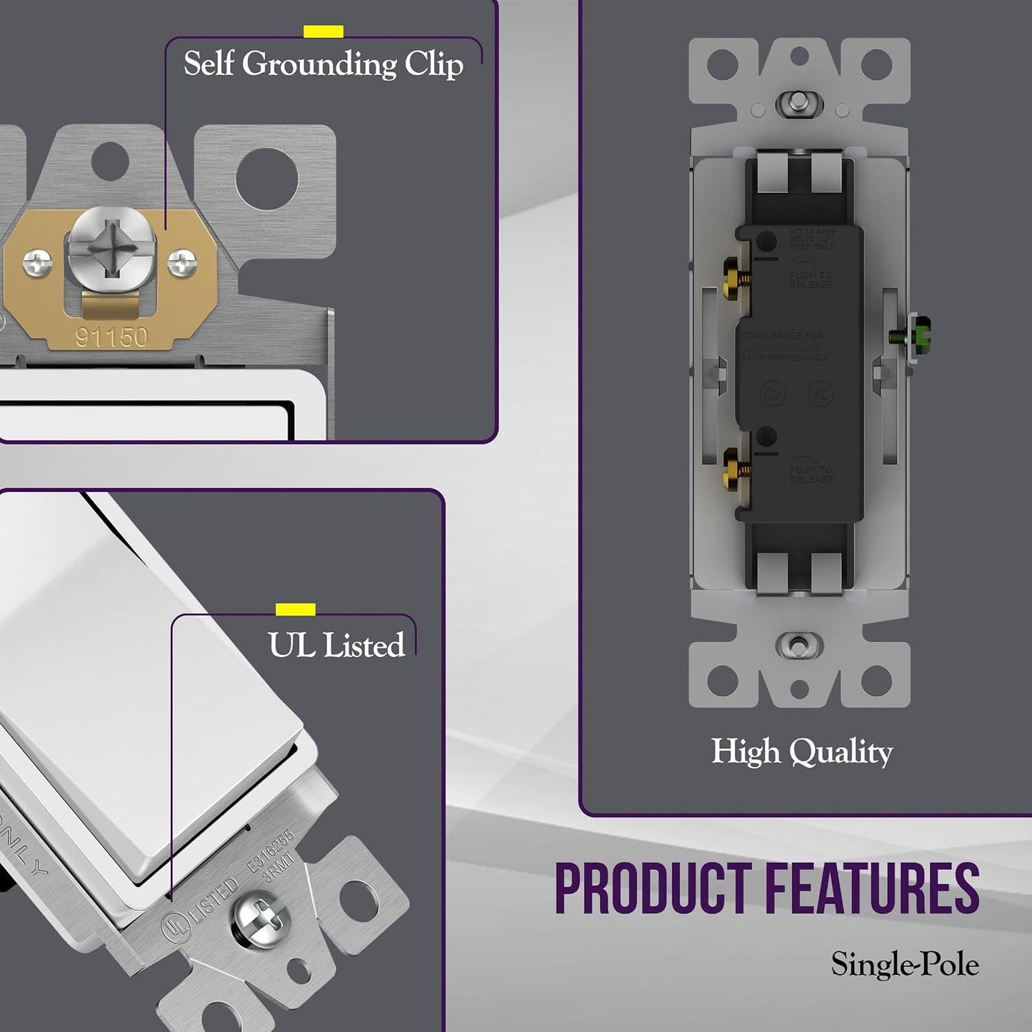 ENERLITES Decorator On/Off Paddle Switch with Wall Plates, Single Pole, 3 Wire, Grounding Screw, Residential Grade, 15A