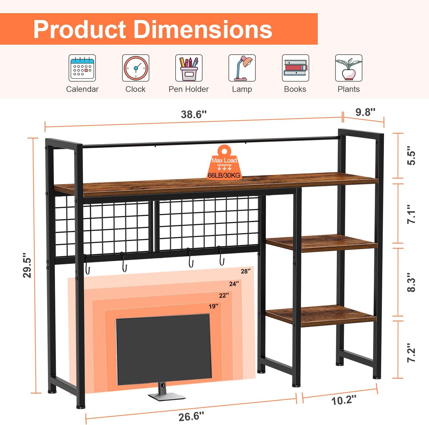 Snughome Desk Shelf, 38.6" Desktop Organizer Shelf, Desk Hutch for Computer Monitor, 4 Tier Desk Display Rack with