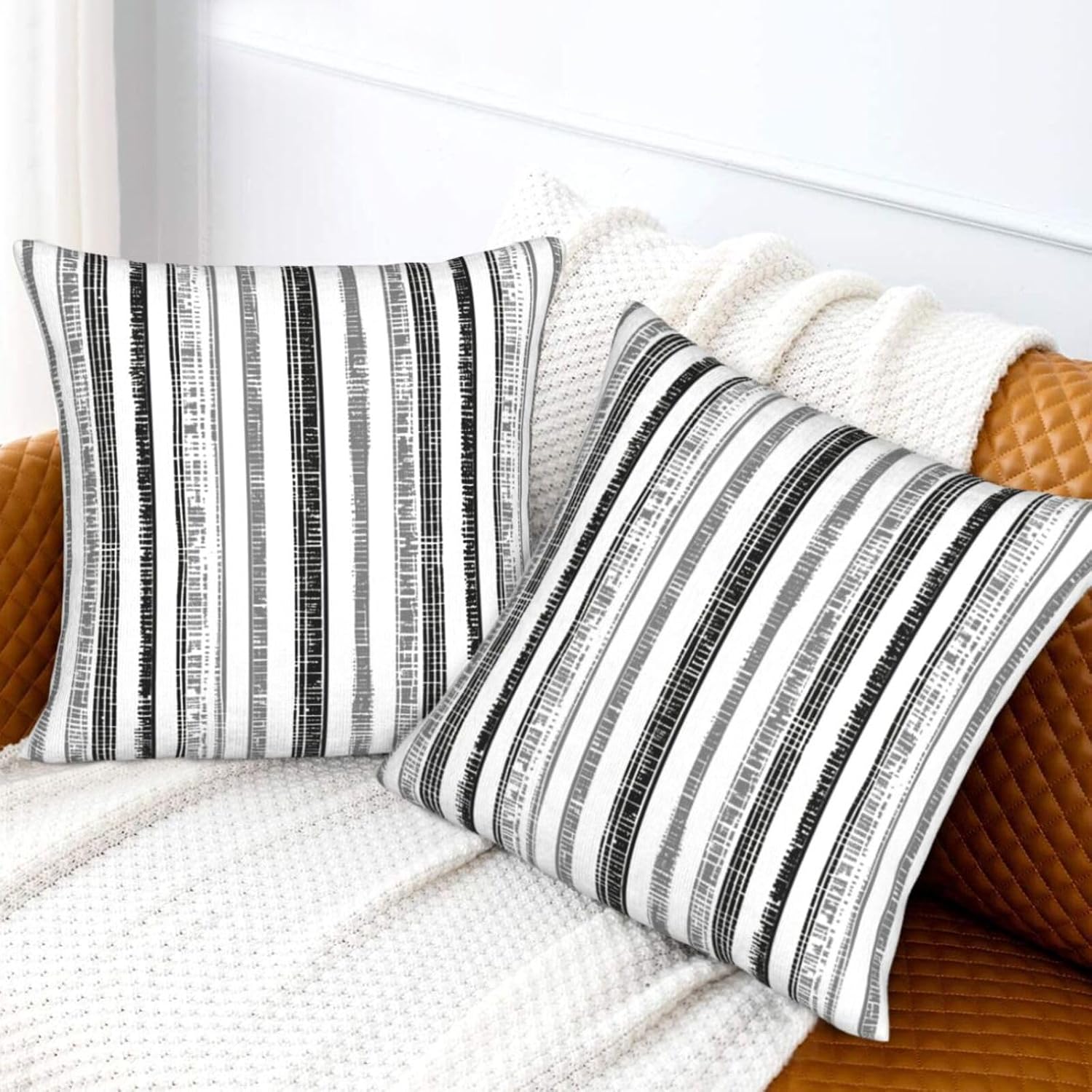 Boho Black White Grey Striped Throw Pillow Covers / 18 x 18 / Boho Black Grey Striped / Set of 2