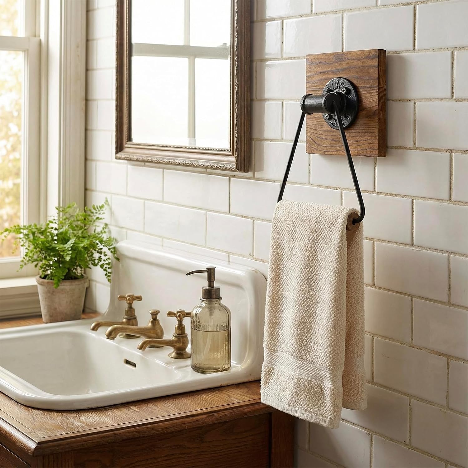 MyGift Bathroom Hand Towel Holder, Towel Rack Ring 5.5x8.7 inch for Kitchen, Laundry Room, Matte Black Industrial Metal