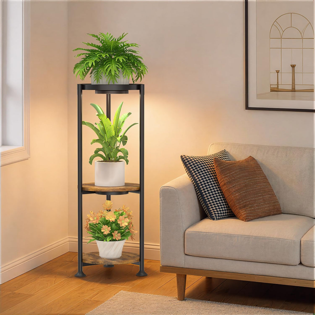 iDavosic.ly 3 Tier Corner Metal Plant Stand Indoor with Grow Light, Black | Vertical Outdoor Flower Display Holder for