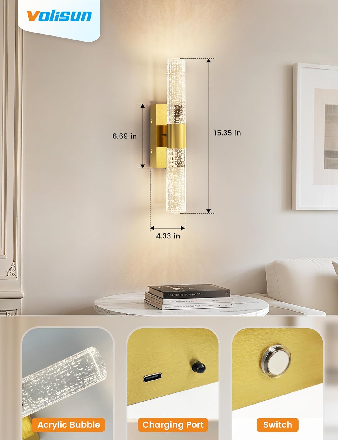 VOLISUN Battery Operated Wall Sconces Set of Two,Gold Sconces Wall Decor Set of 2,Wireless Wall Sconces with