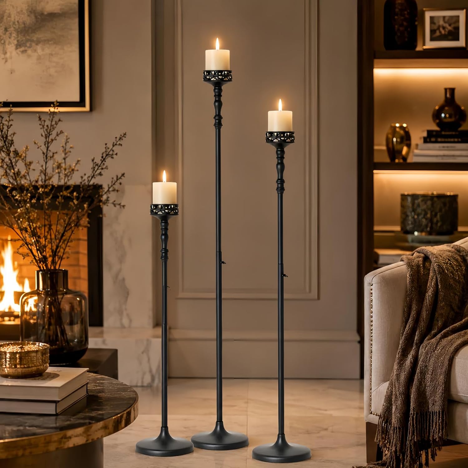 3Pcs Matte Black Floor Candle Holders Centerpieces for Pillar Candles | Adjustable Height,Halloween Metal Candlestick